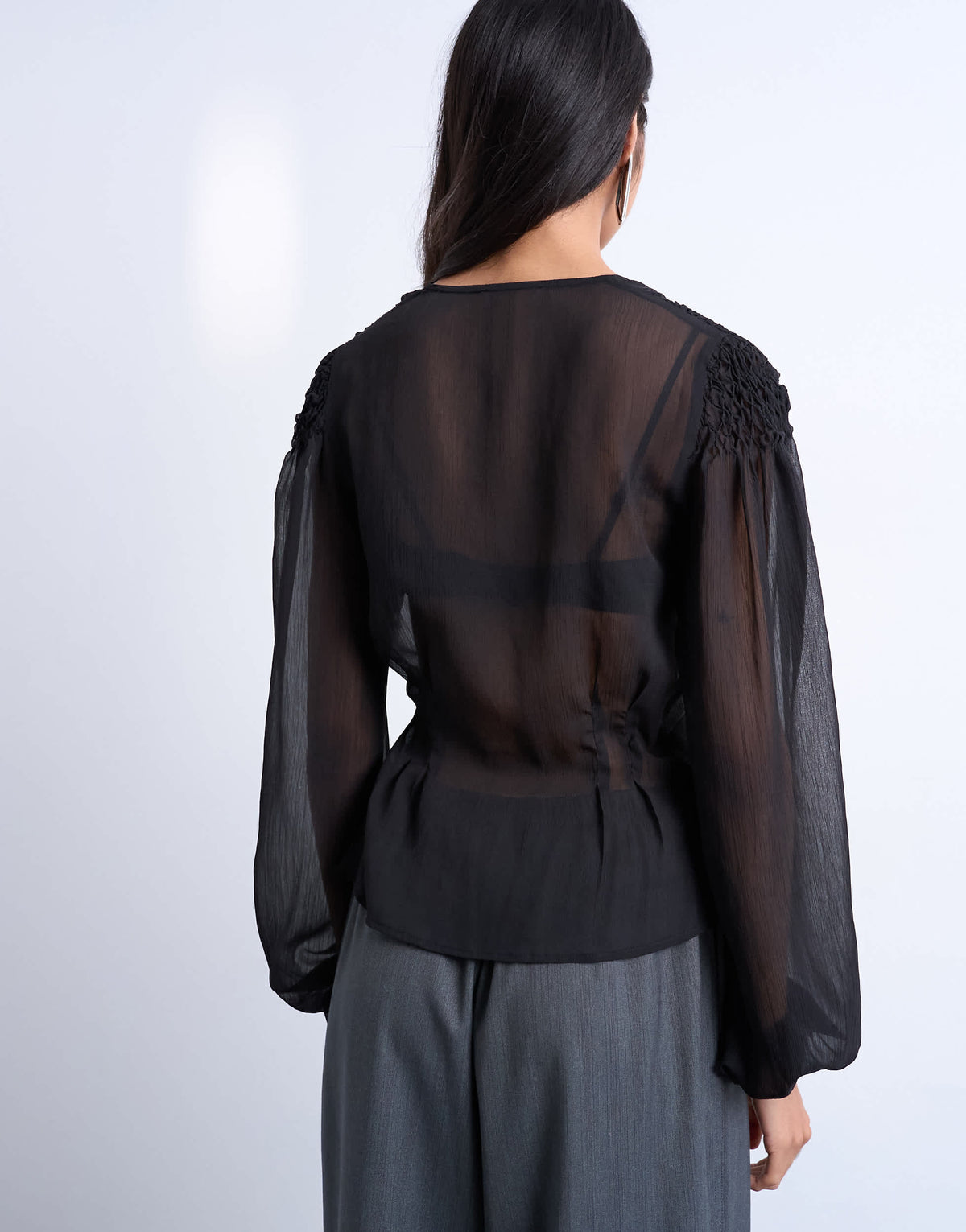 Topshop chiffon sheer panel long sleeve blouse in black