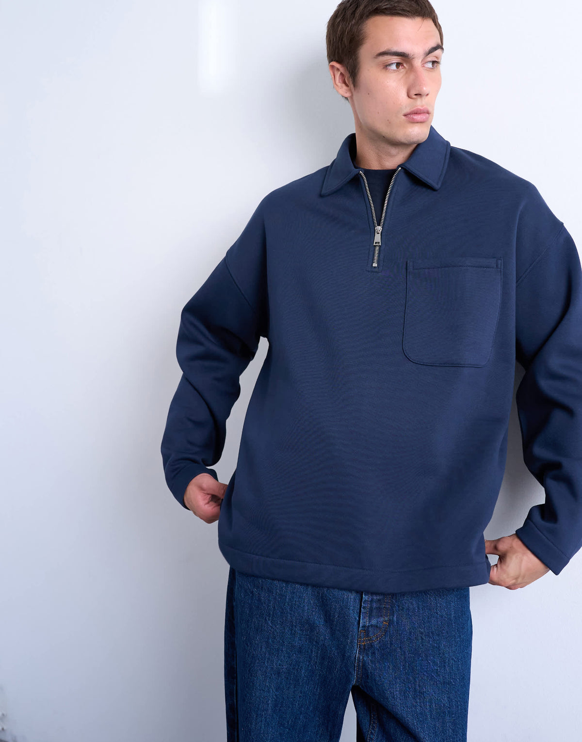 Topman premium oversized fit 1/4 zip polo in navy