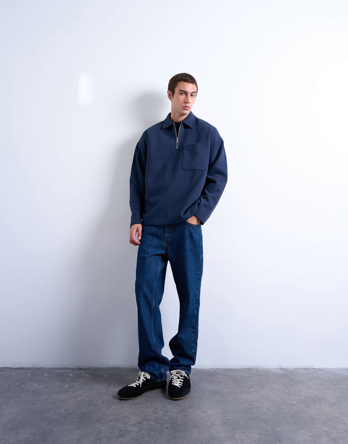 Topman premium oversized fit 1/4 zip polo in navy