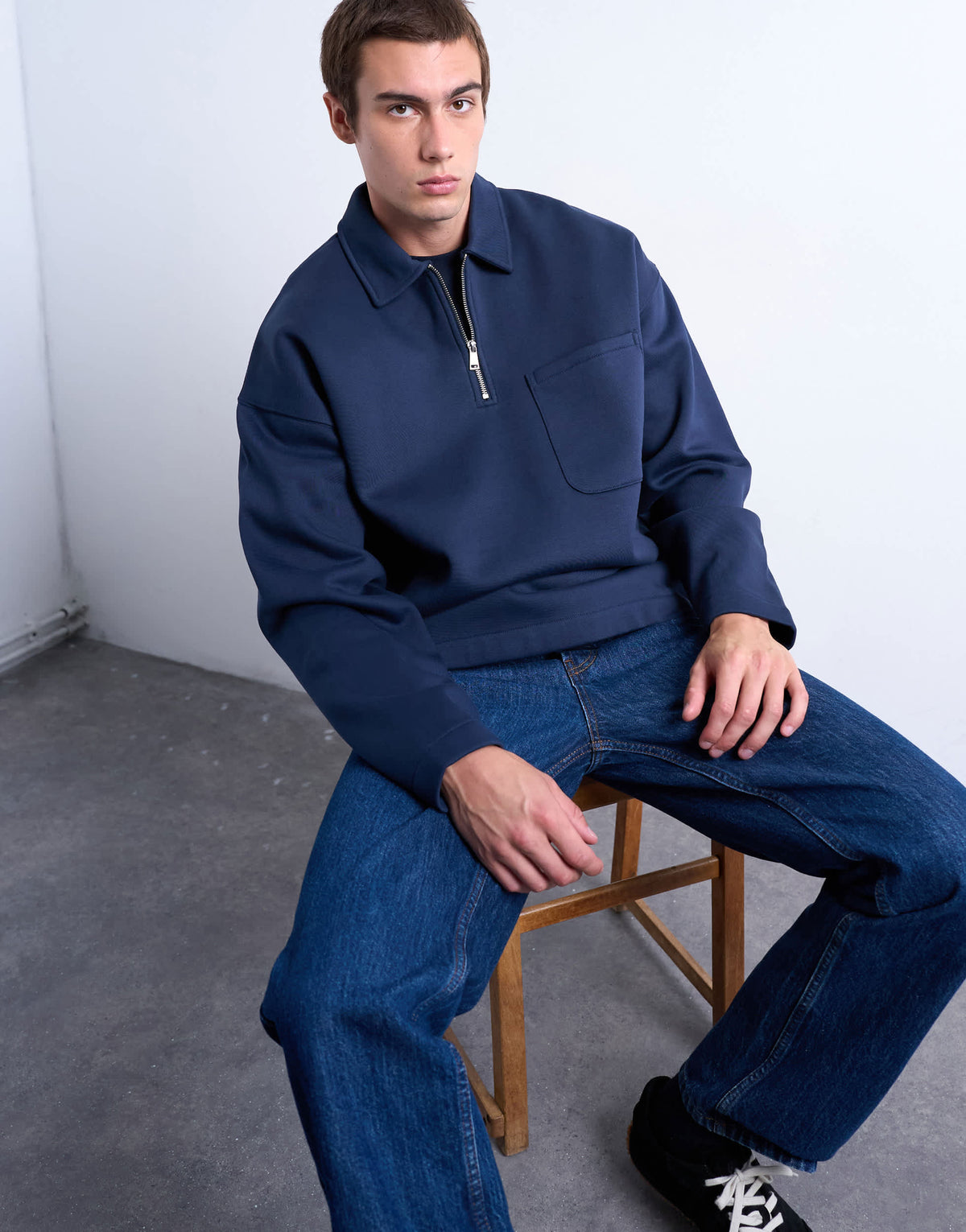 Topman premium oversized fit 1/4 zip polo in navy