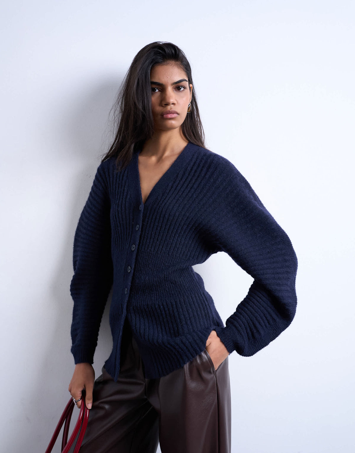 Topshop knitted ovoid sleeve cinch cardigan in navy