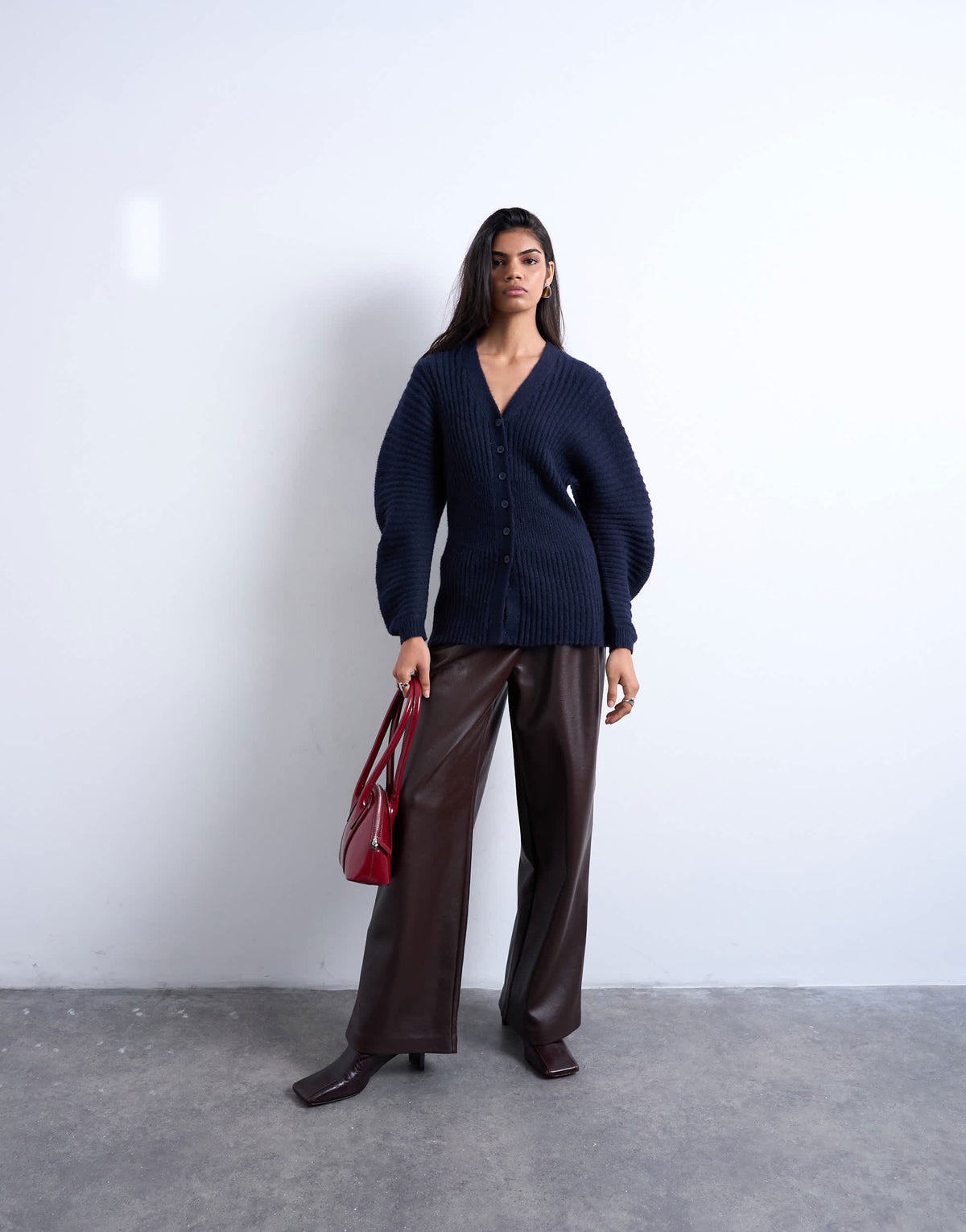 Topshop knitted ovoid sleeve cinch cardigan in navy