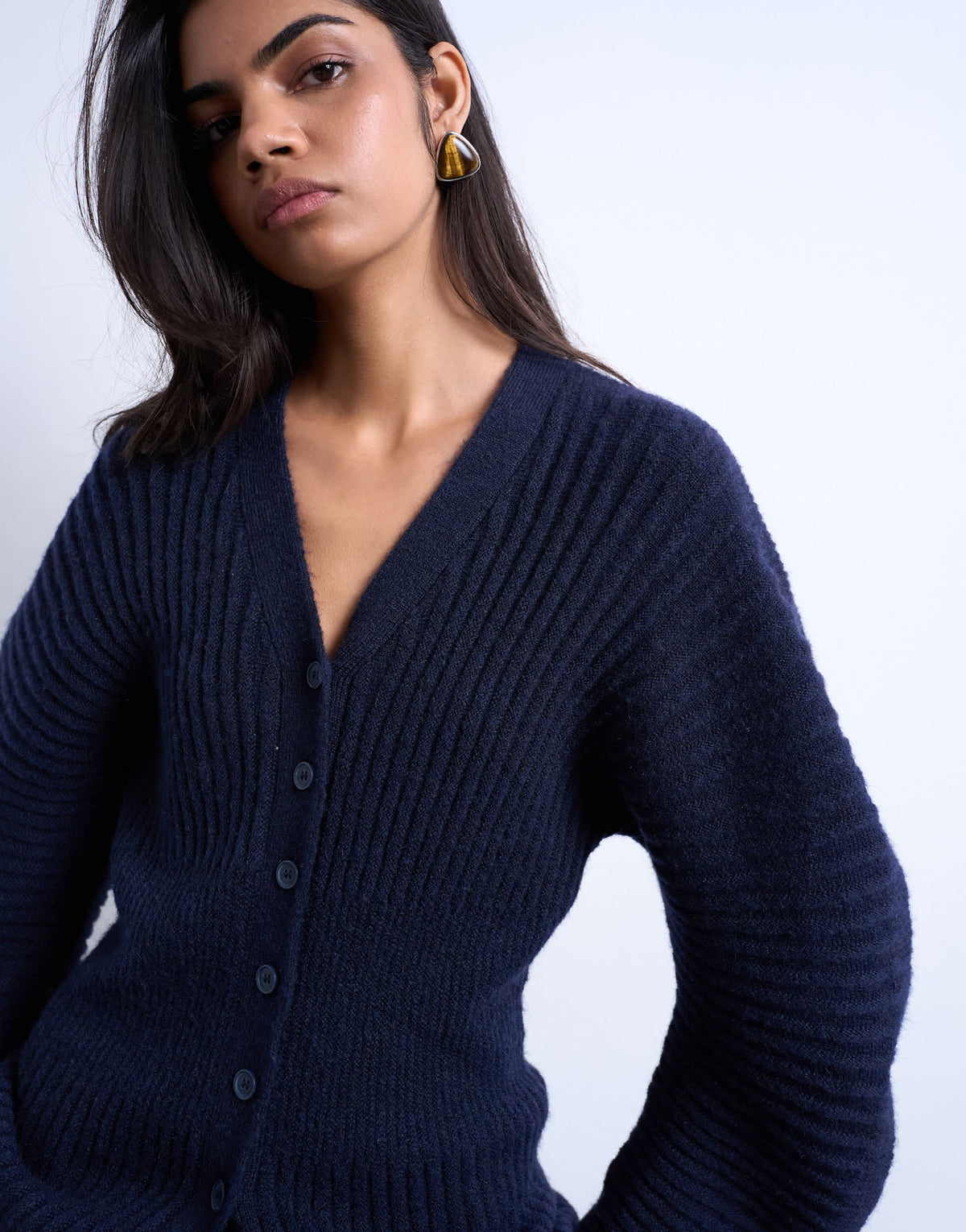 Topshop knitted ovoid sleeve cinch cardigan in navy