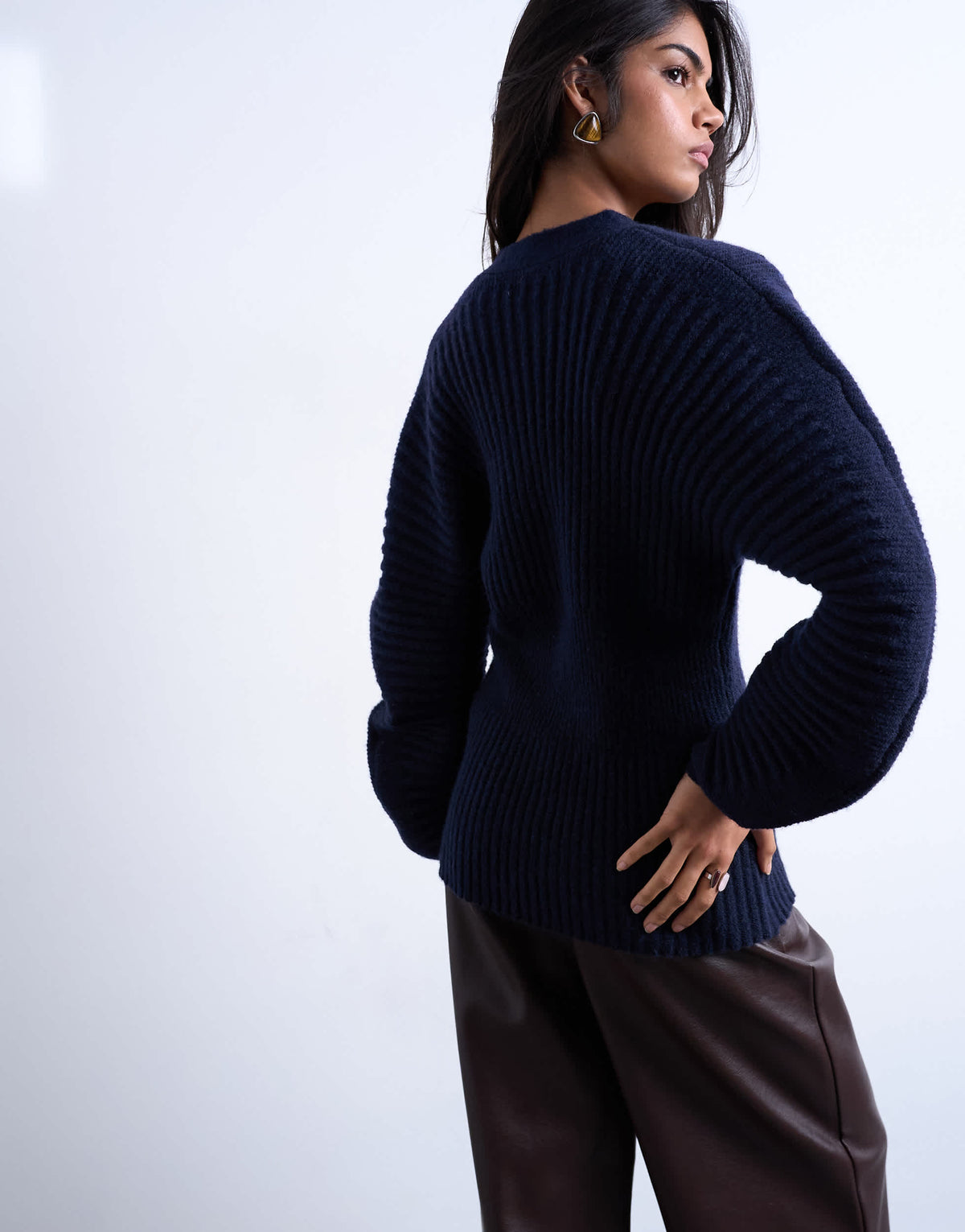 Topshop knitted ovoid sleeve cinch cardigan in navy