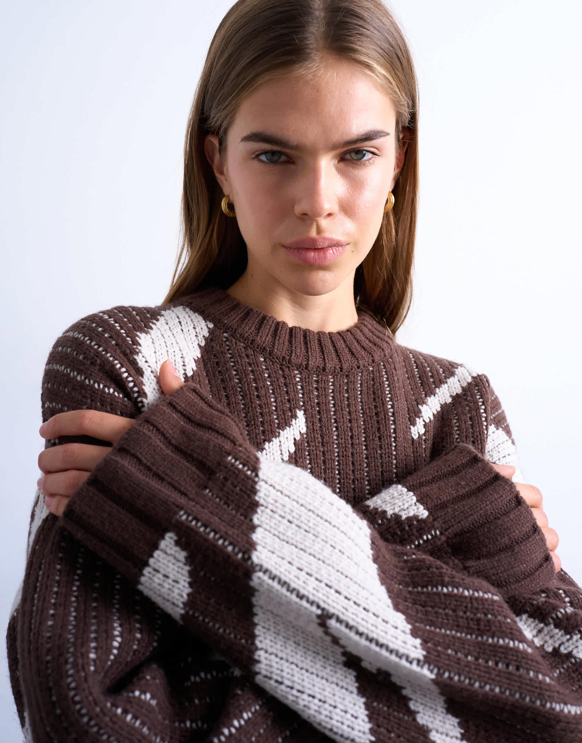 Topshop knitted abstract print jumper in chocolate
