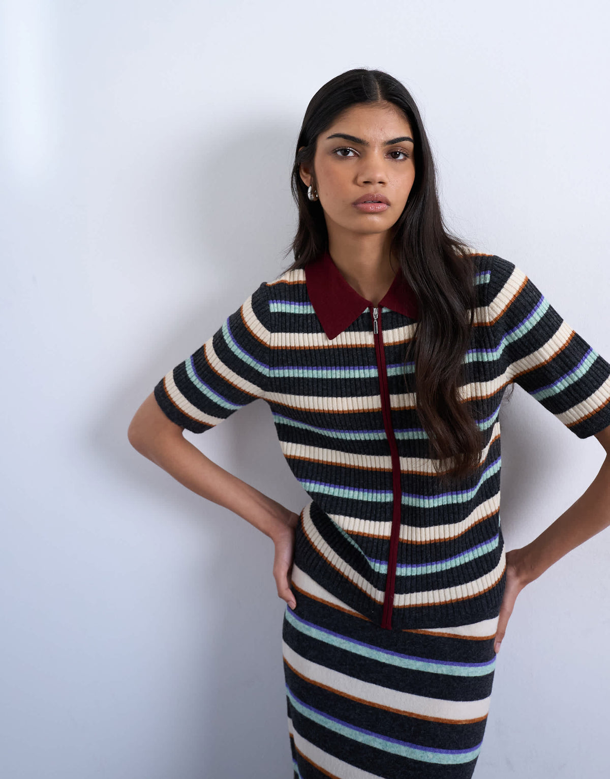 Topshop knitted zip through multi stripe co-ord polo in burgundy