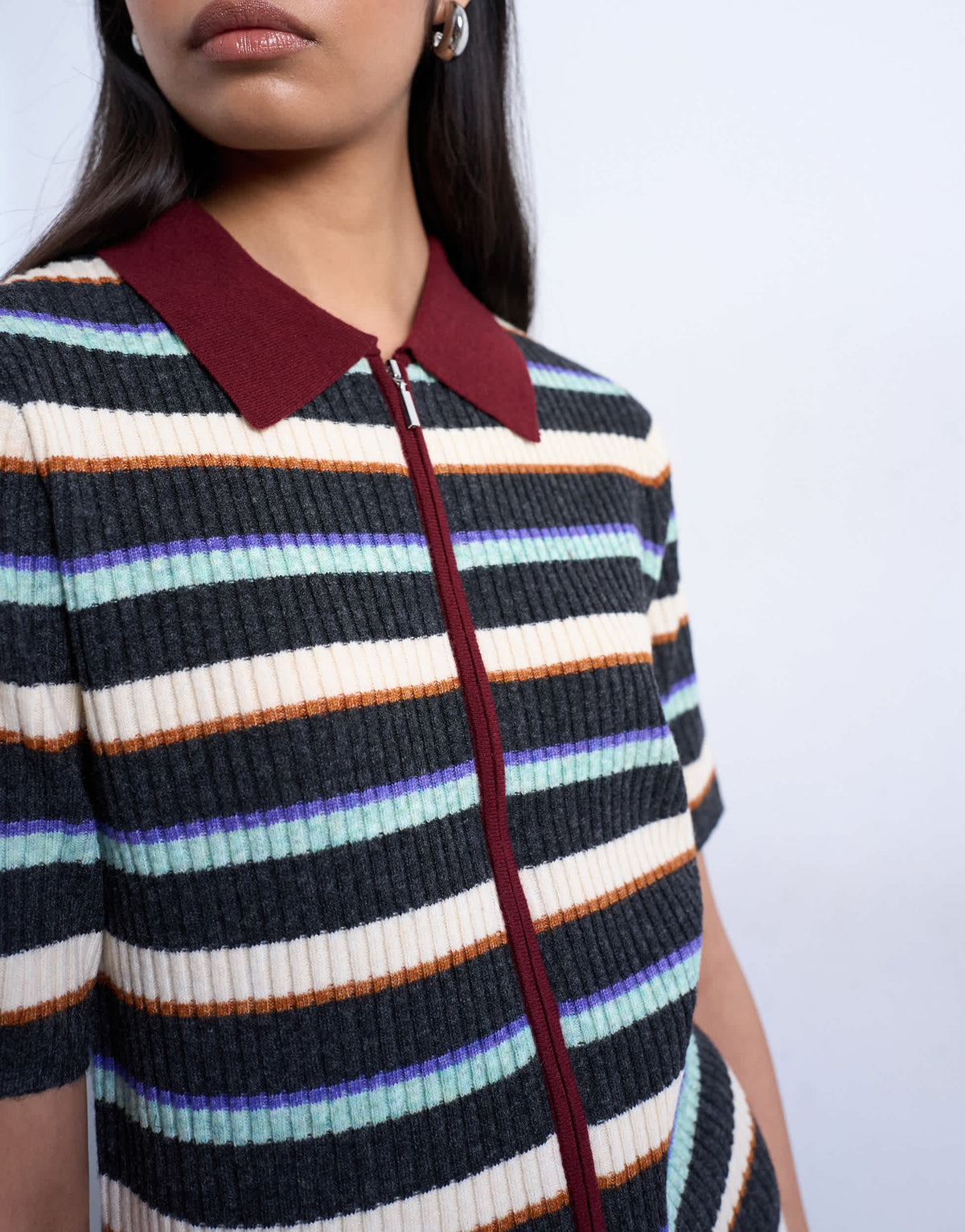 Topshop knitted zip through multi stripe co-ord polo in burgundy