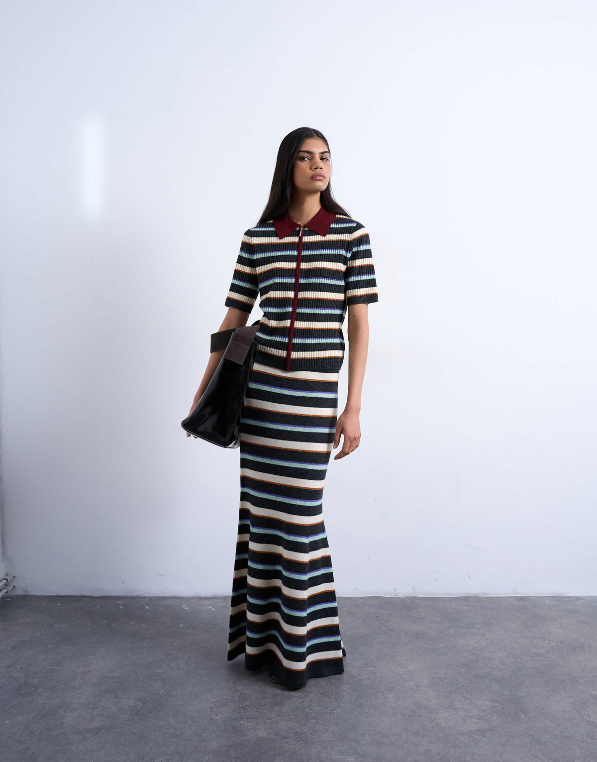 Topshop knitted zip through multi stripe co-ord polo in burgundy