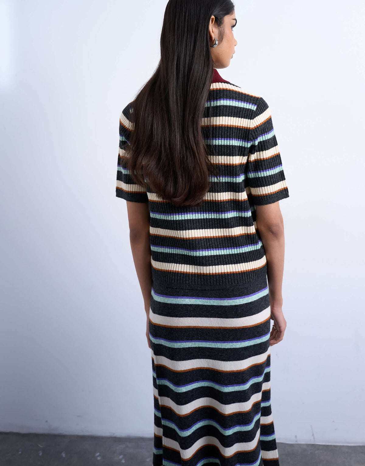 Topshop knitted zip through multi stripe co-ord polo in burgundy