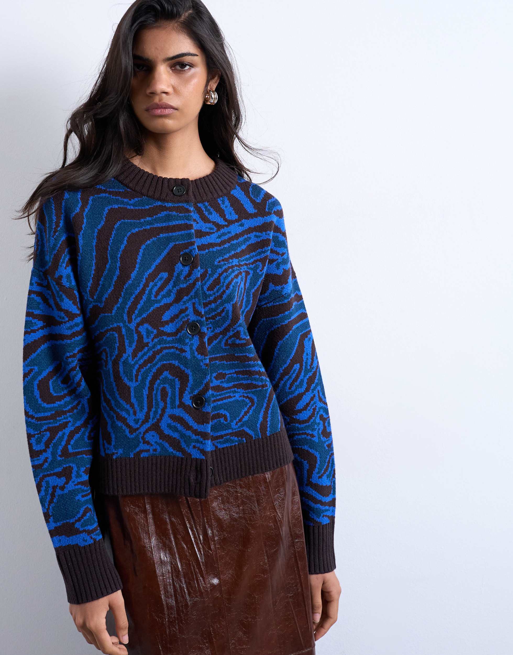 Topshop knitted animal print cardigan in blue