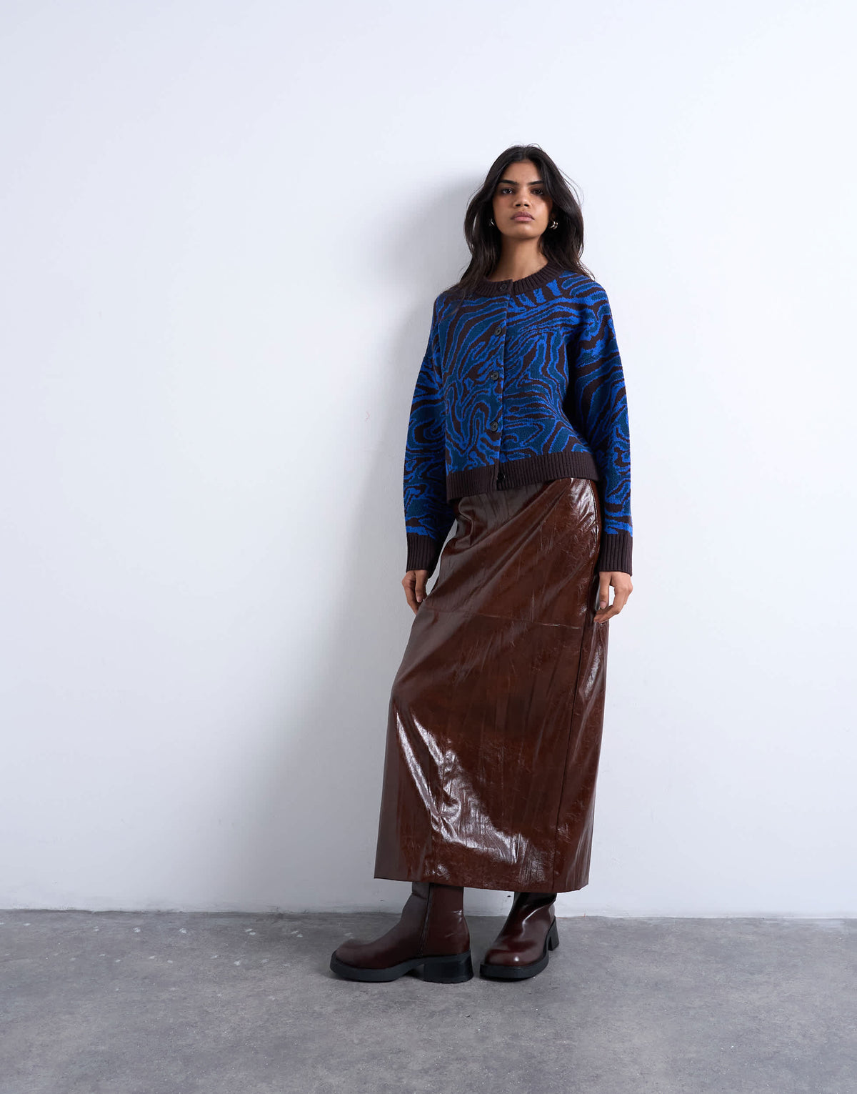Topshop knitted animal print cardigan in blue