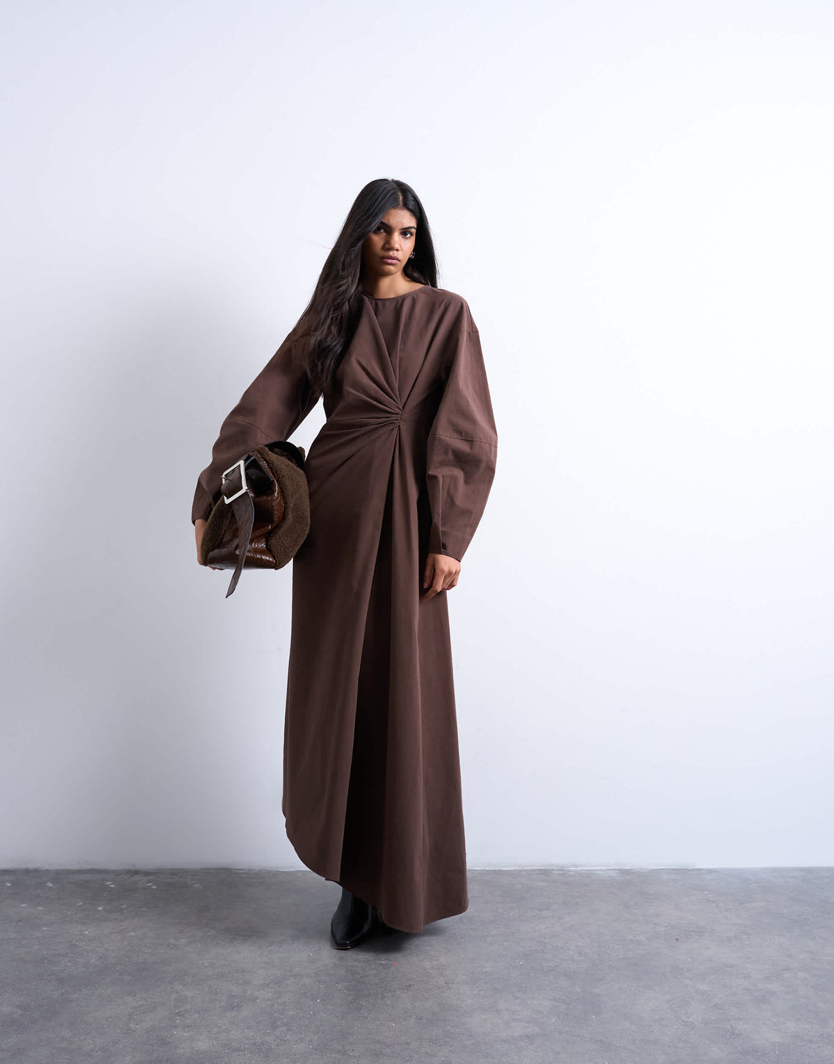 Topshop knot detail midi dress with asymmetric hem in brown