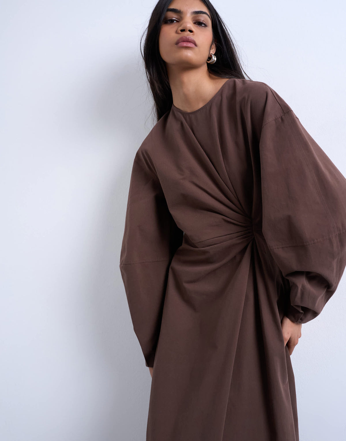 Topshop knot detail midi dress with asymmetric hem in brown