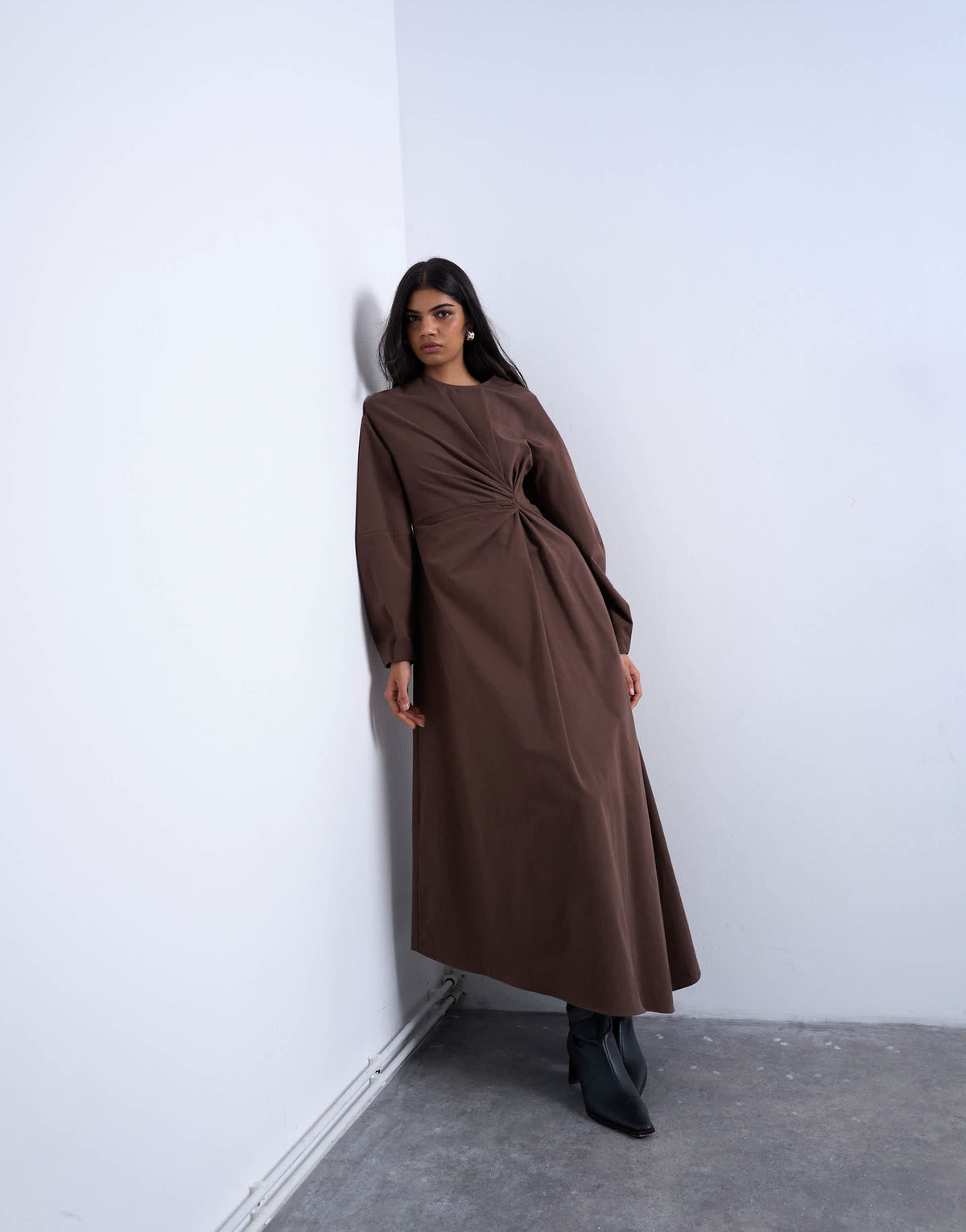 Topshop knot detail midi dress with asymmetric hem in brown