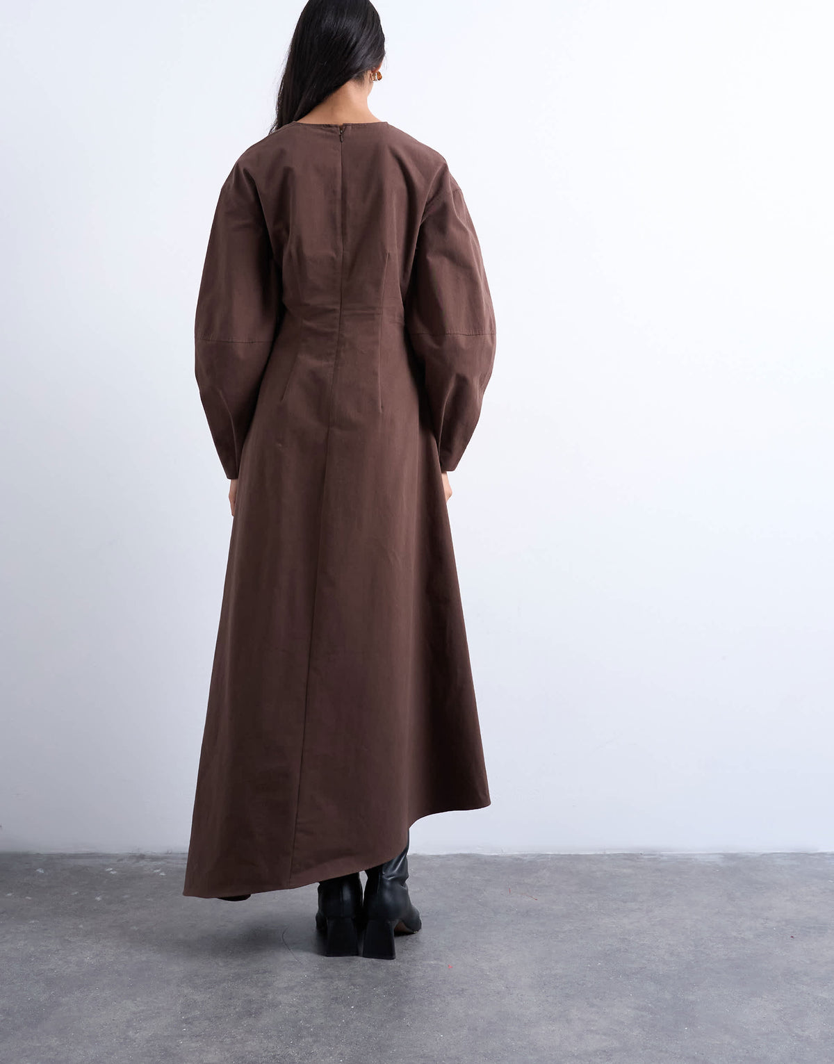 Topshop knot detail midi dress with asymmetric hem in brown