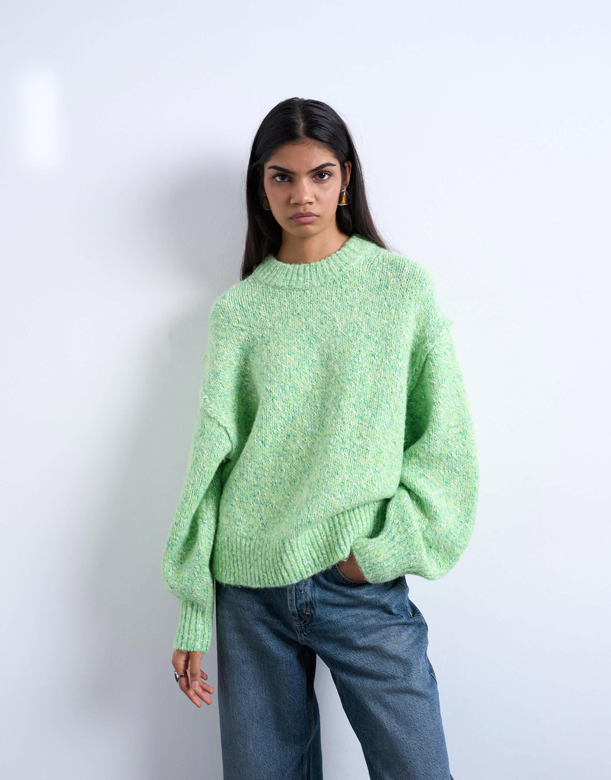 Pull Topshop en maille torsadée duveteuse verte