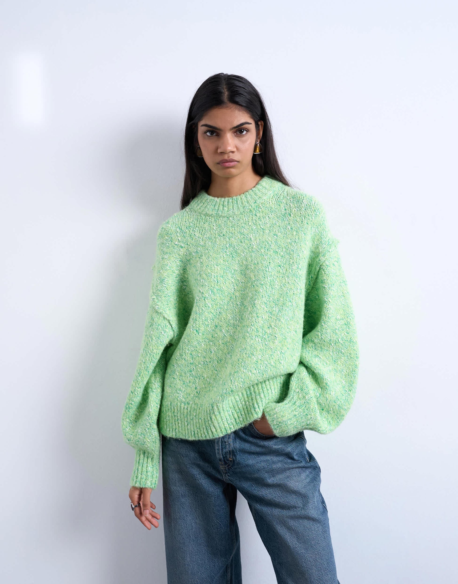Topshop knitted fluffy twist yarn jumper in green