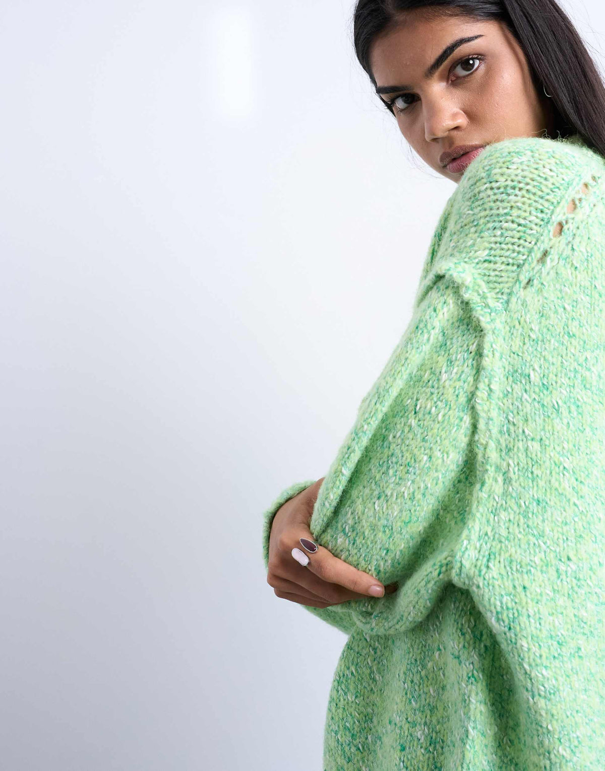 Topshop knitted fluffy twist yarn jumper in green