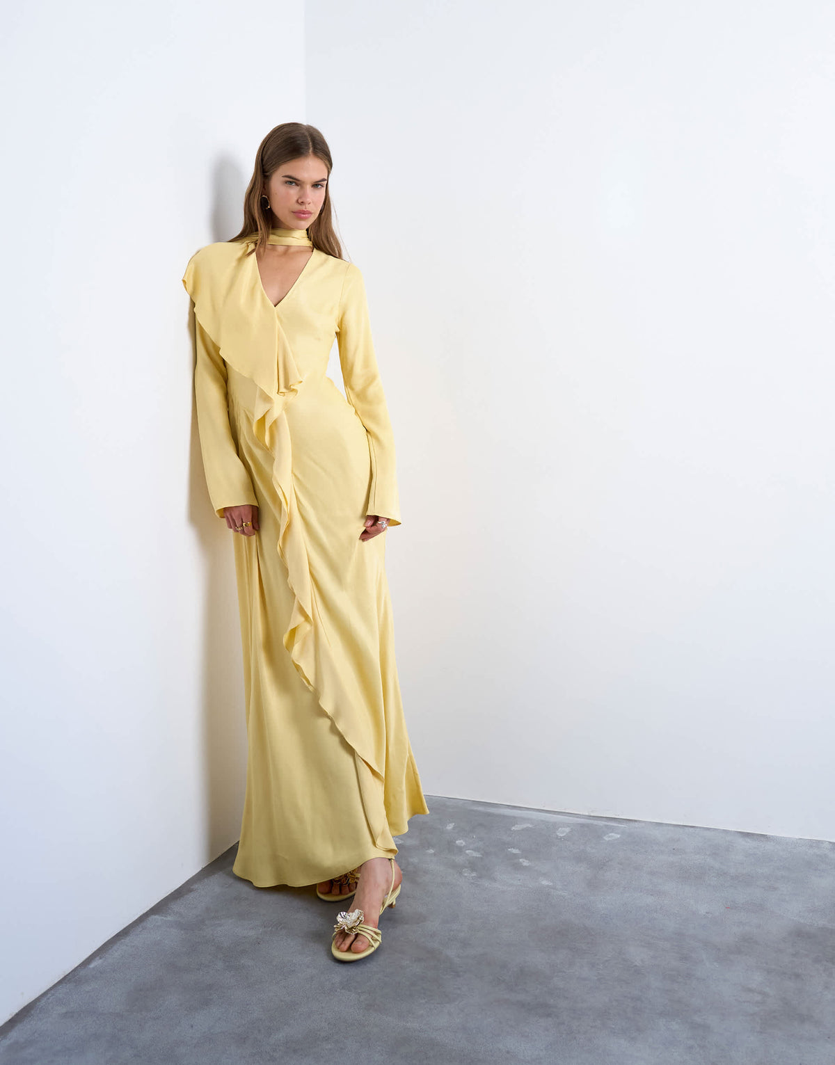 Topshop long sleeve ruffle maxi dress with scarf wrap detail in buttermilk
