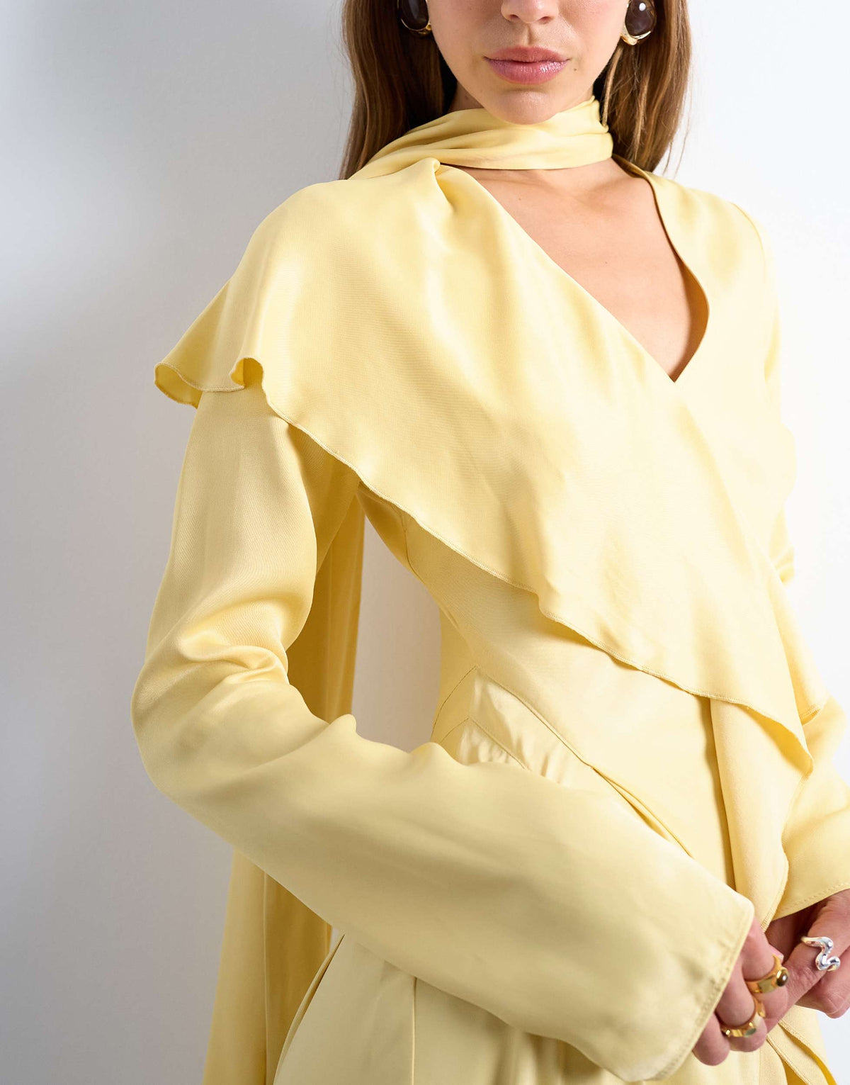 Topshop long sleeve ruffle maxi dress with scarf wrap detail in buttermilk