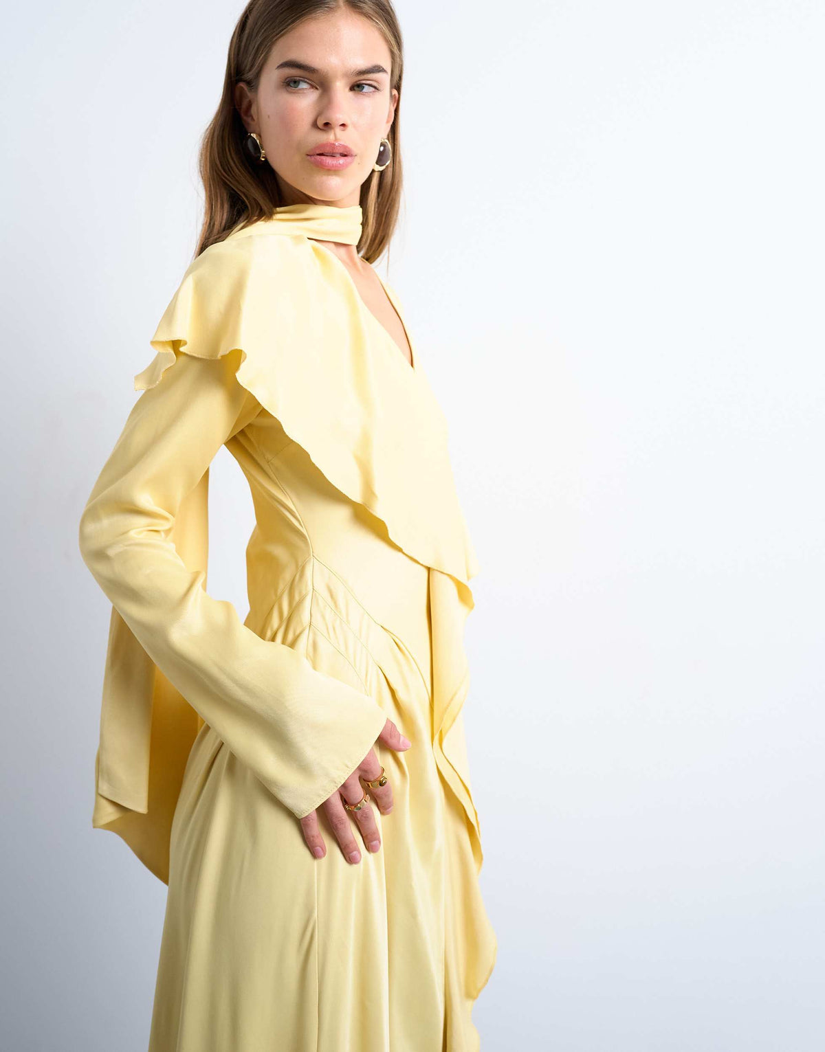 Topshop long sleeve ruffle maxi dress with scarf wrap detail in buttermilk