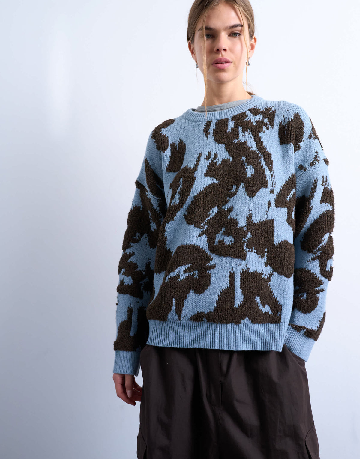 Topshop knitted oversized looped textured print jumper in blue