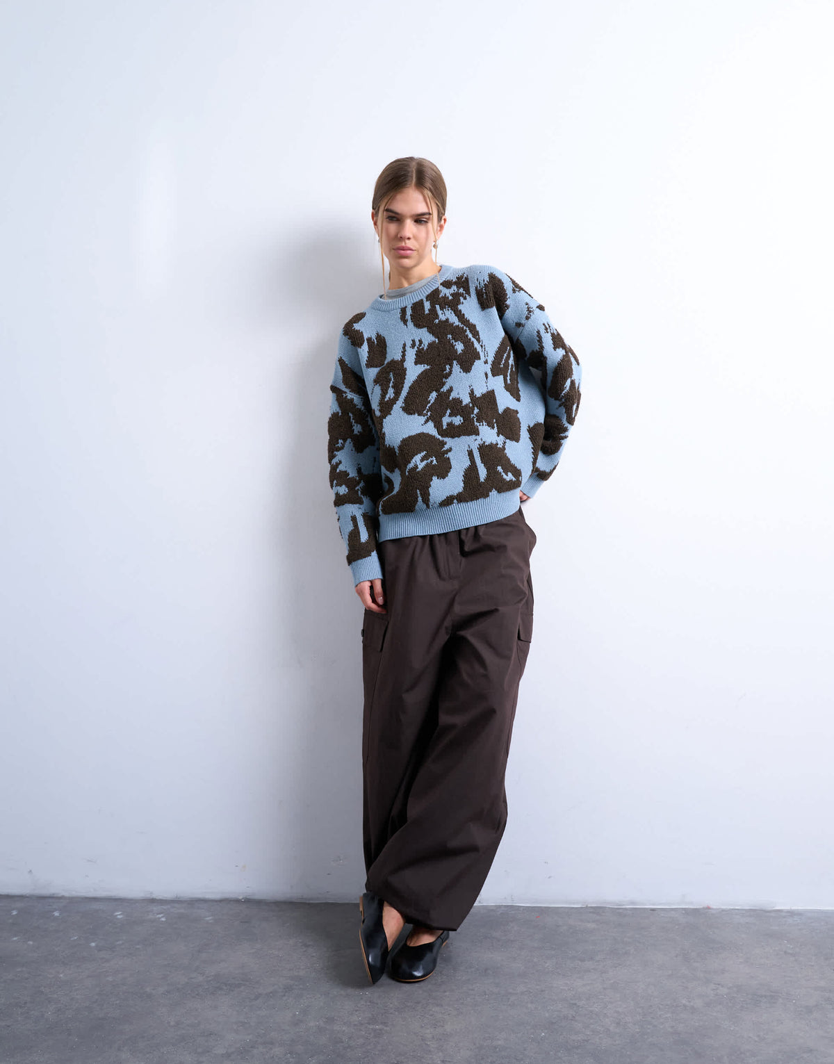Topshop knitted oversized looped textured print jumper in blue