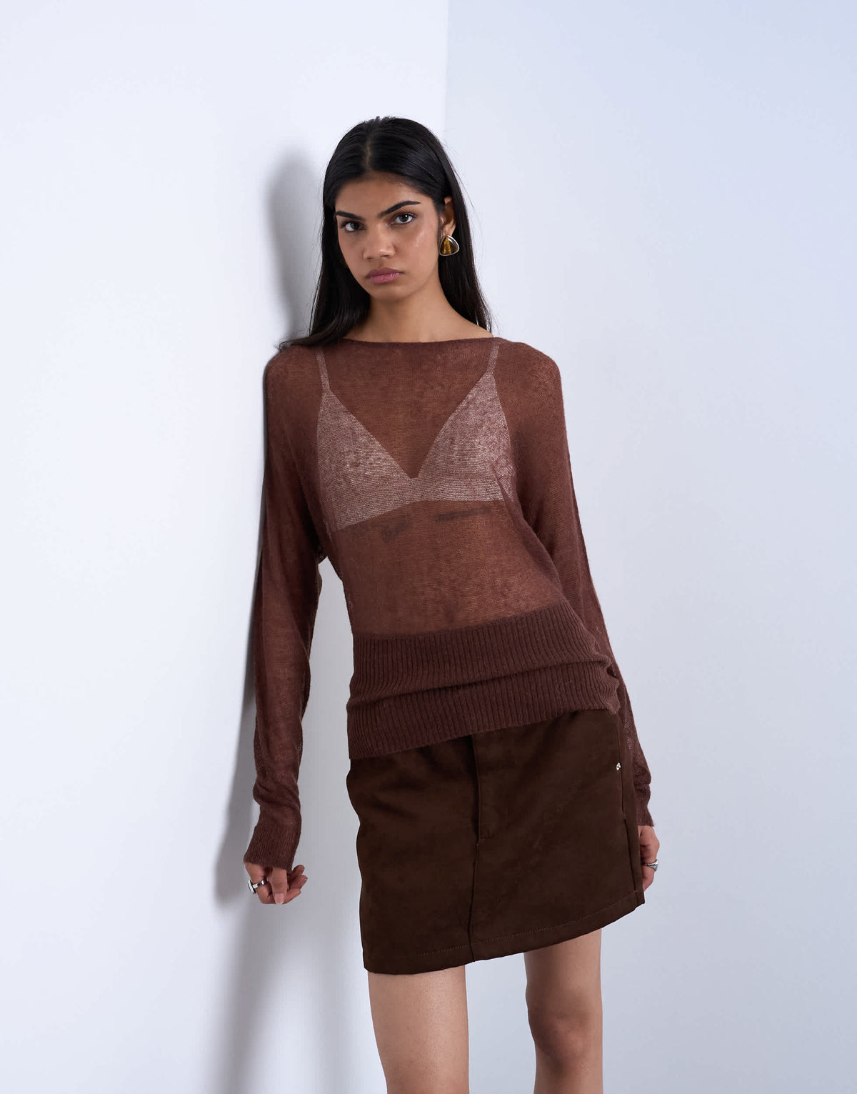 Topshop knitted sheer cinch waist top in chocolate