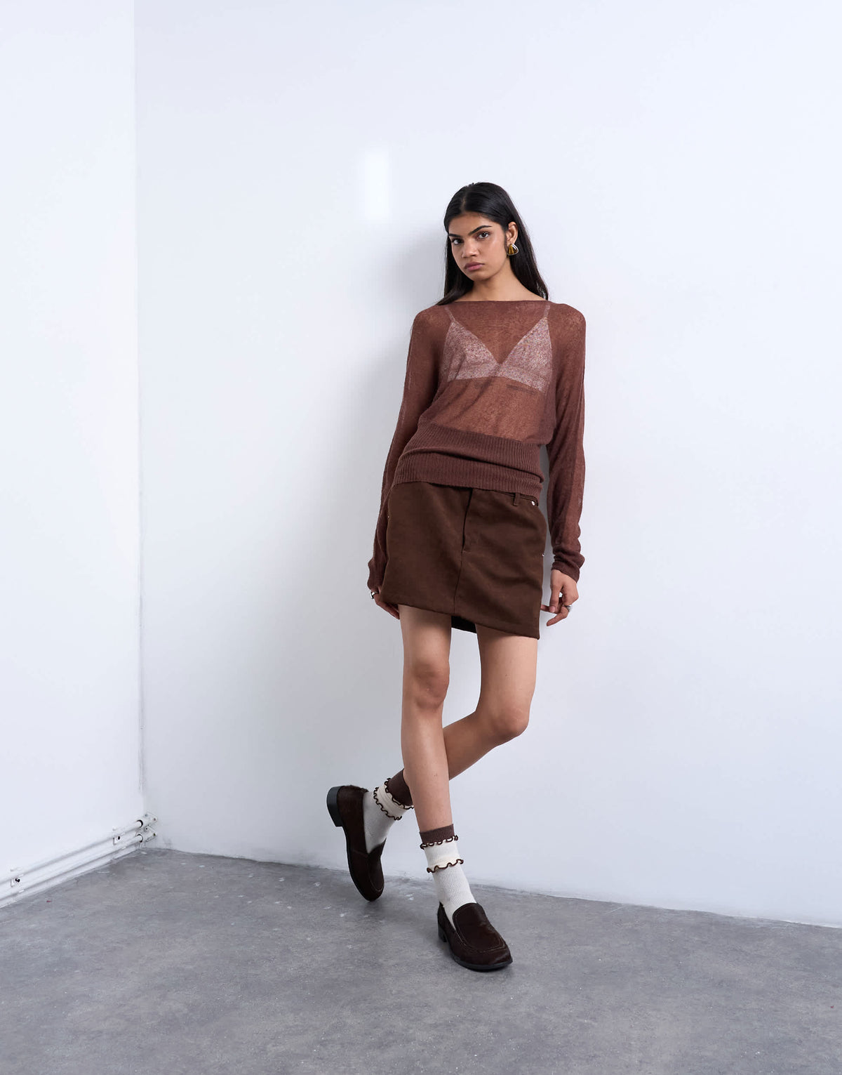 Topshop knitted sheer cinch waist top in chocolate