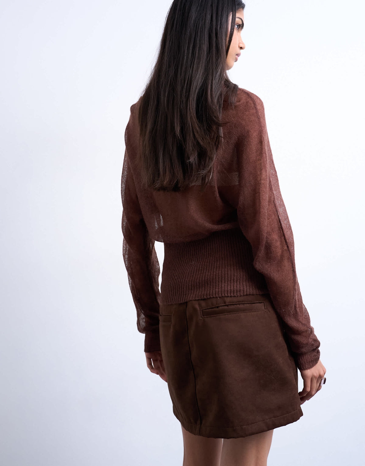Topshop knitted sheer cinch waist top in chocolate