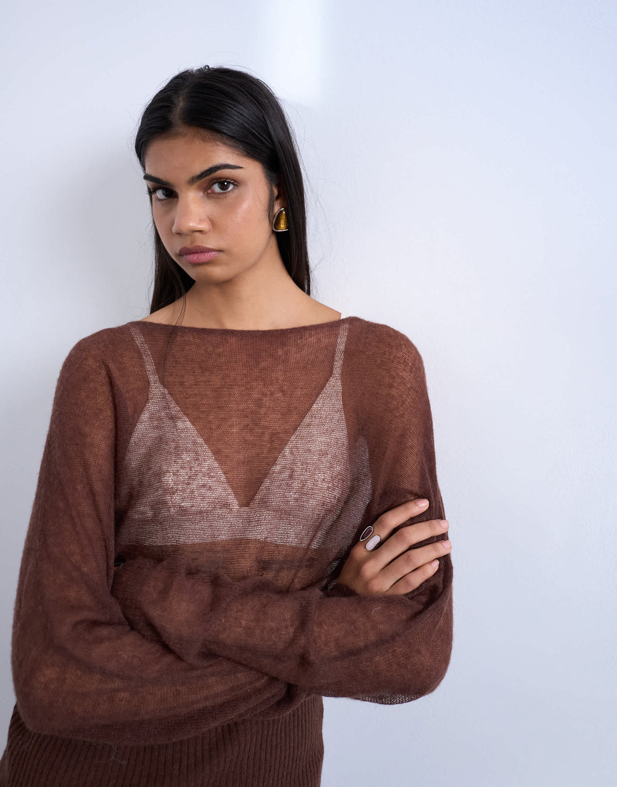 Topshop knitted sheer cinch waist top in chocolate