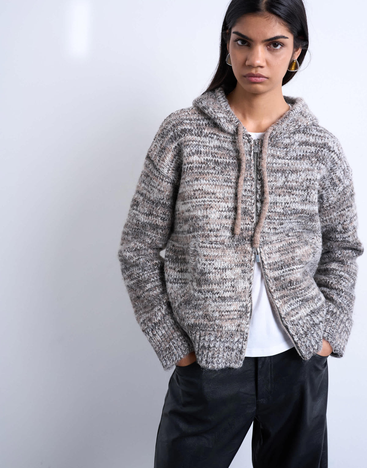 Topshop knitted heavy twist yarn hoodie in grey
