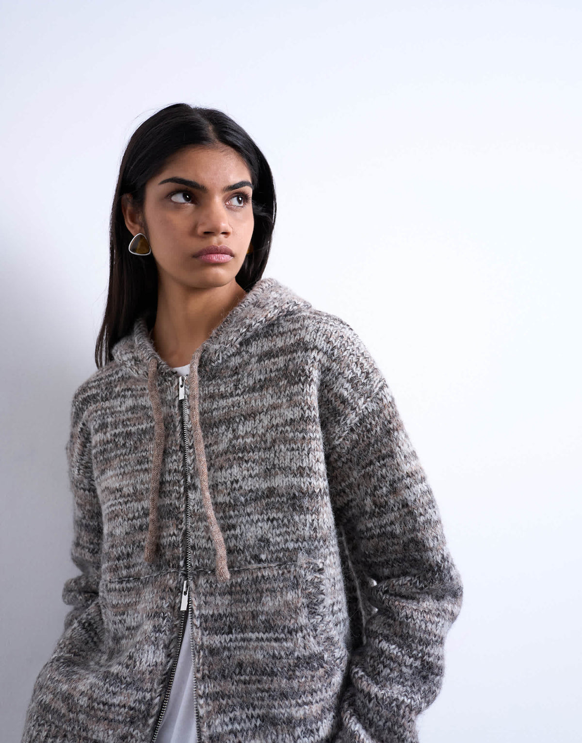 Topshop knitted heavy twist yarn hoodie in grey