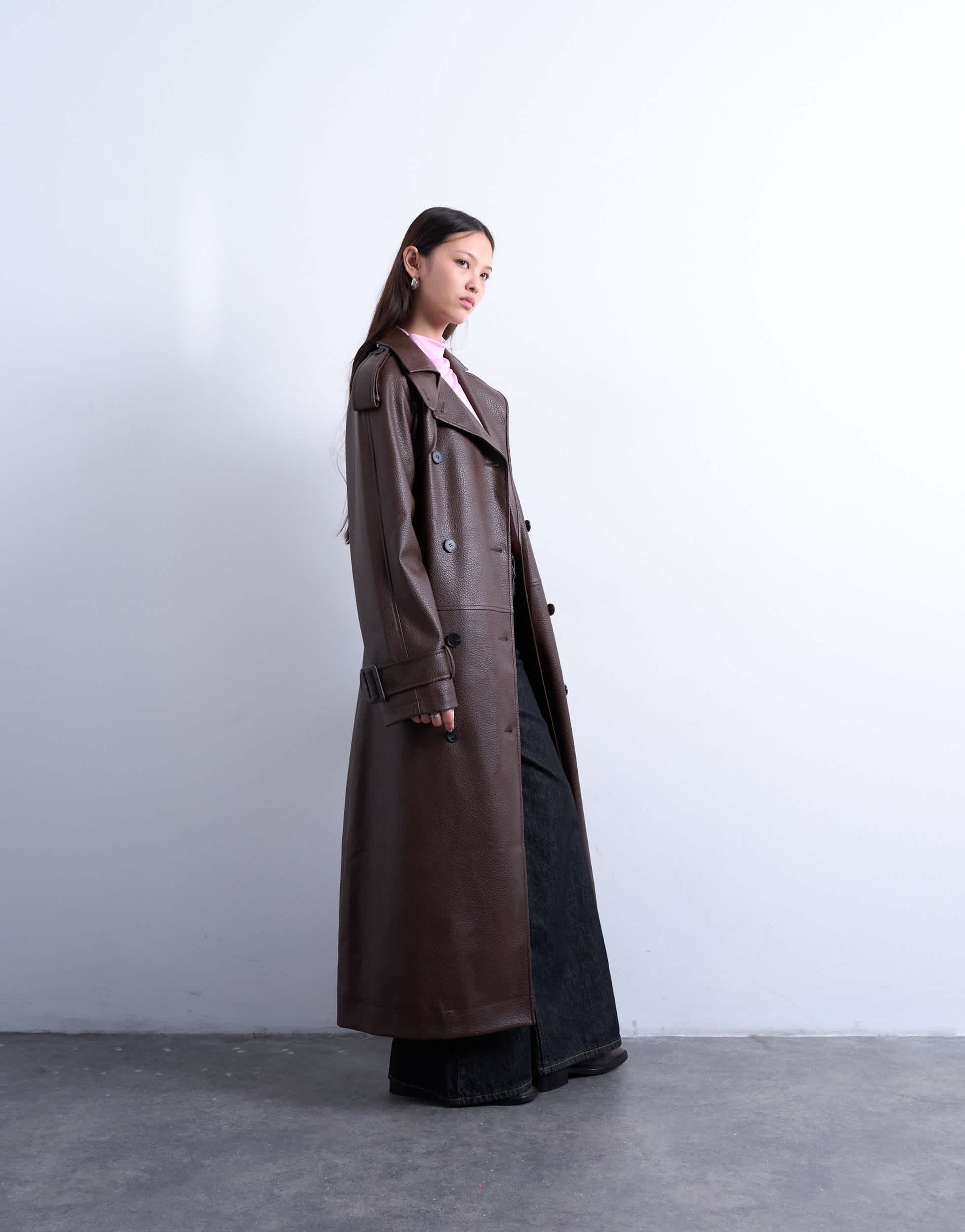 Topshop bubble faux leather trench coat in brown