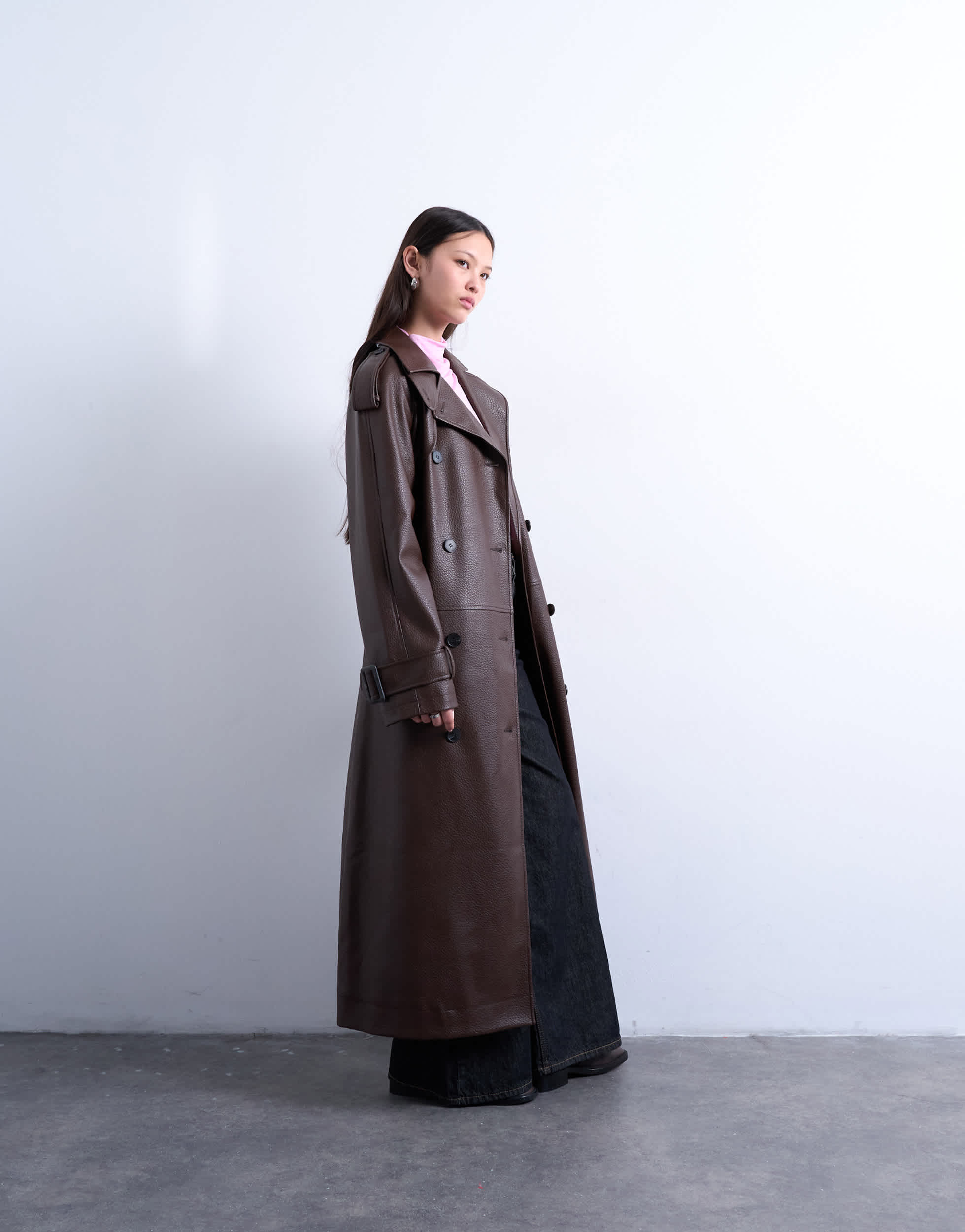 Topshop bubble faux leather trench coat in brown