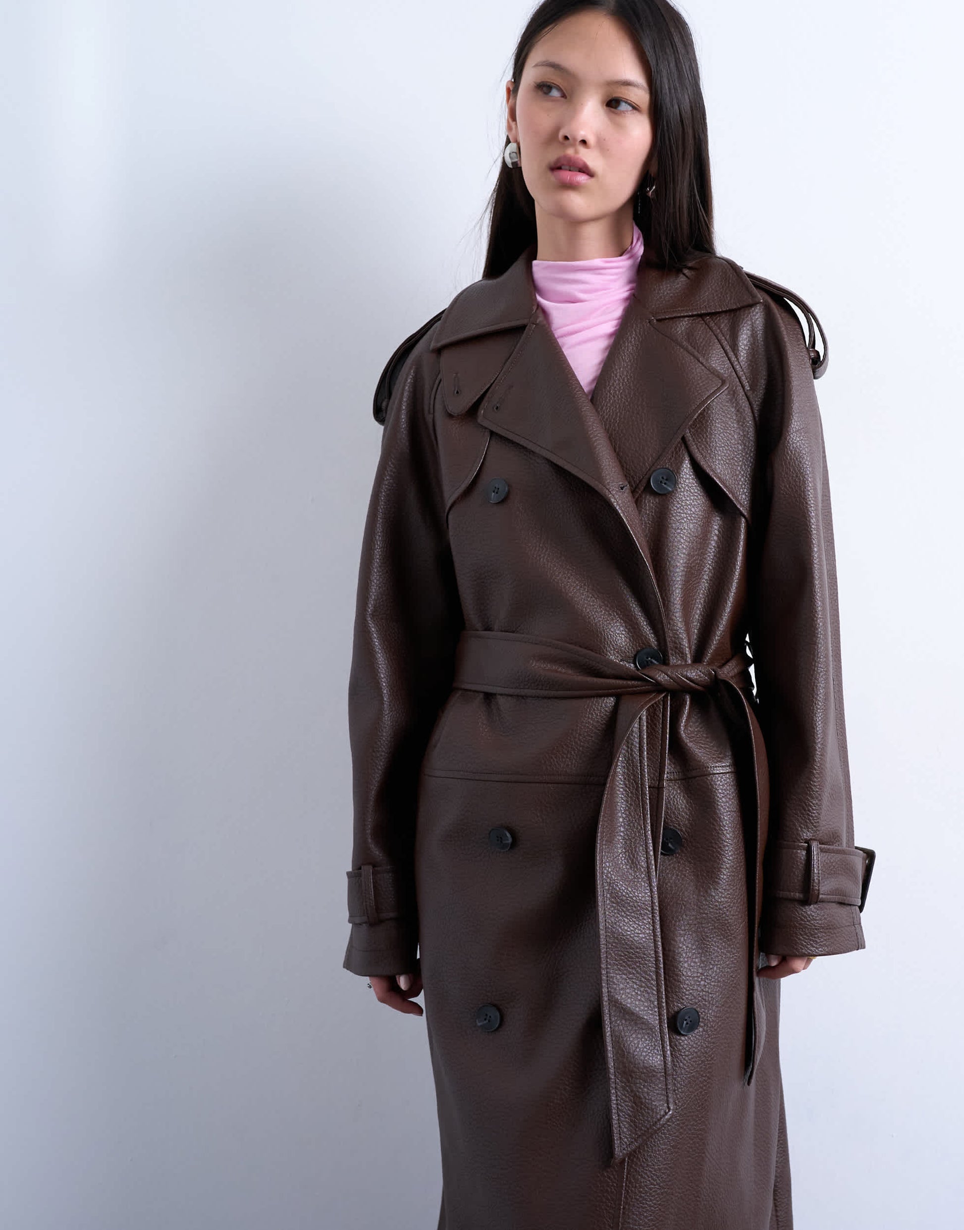 Topshop bubble faux leather trench coat in brown