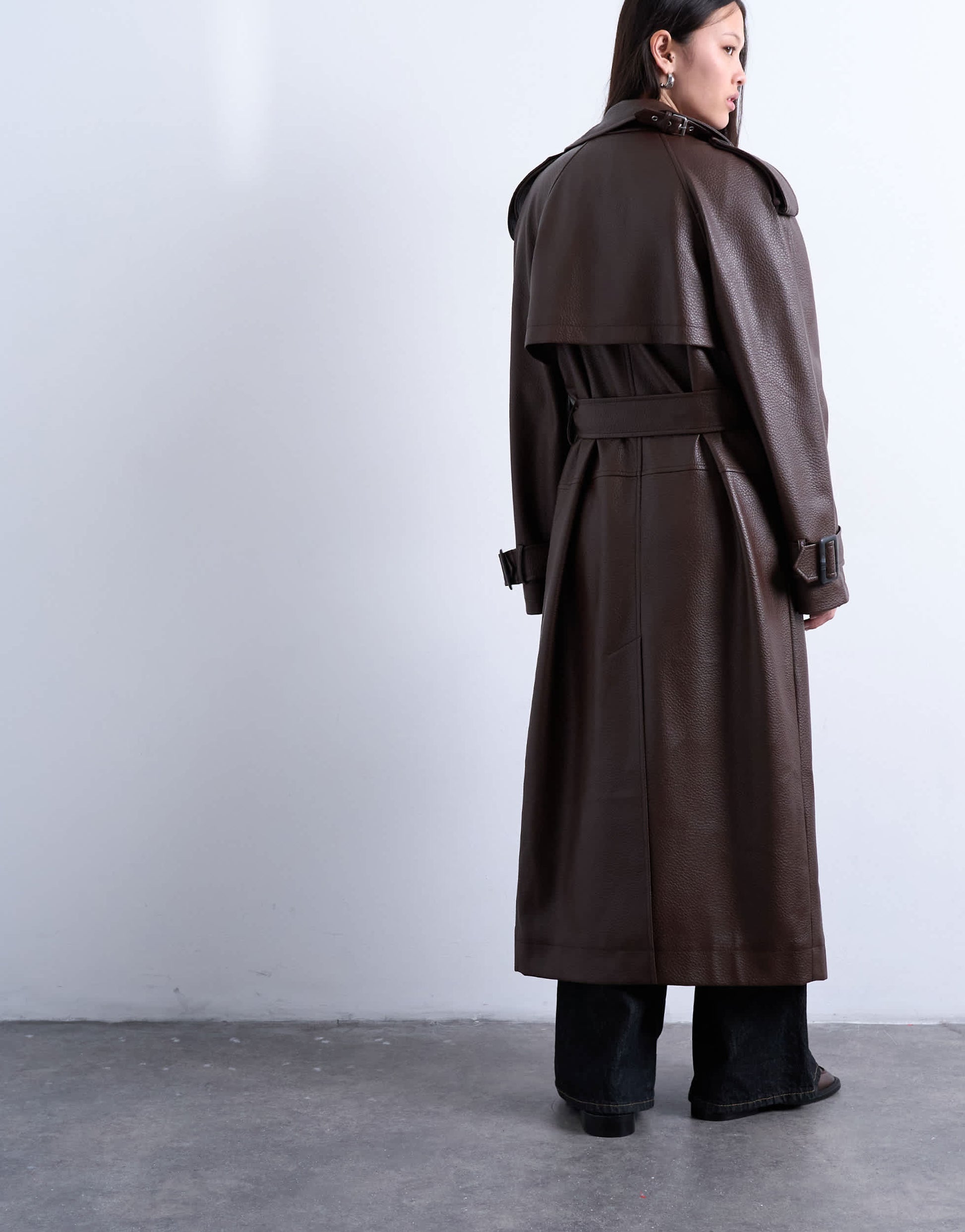 Topshop bubble faux leather trench coat in brown