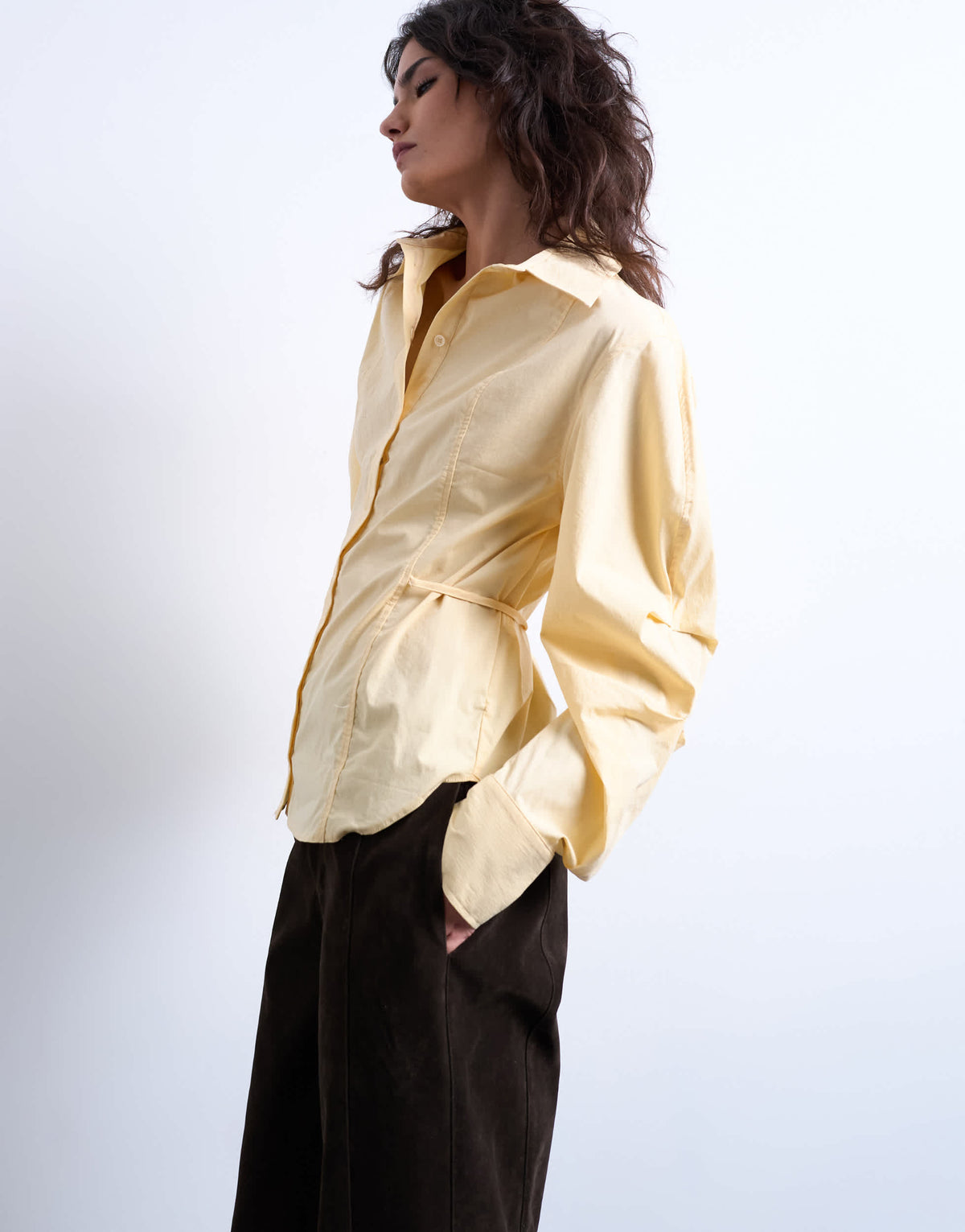 Topshop tie back waist long sleeve shirt in buttermilk