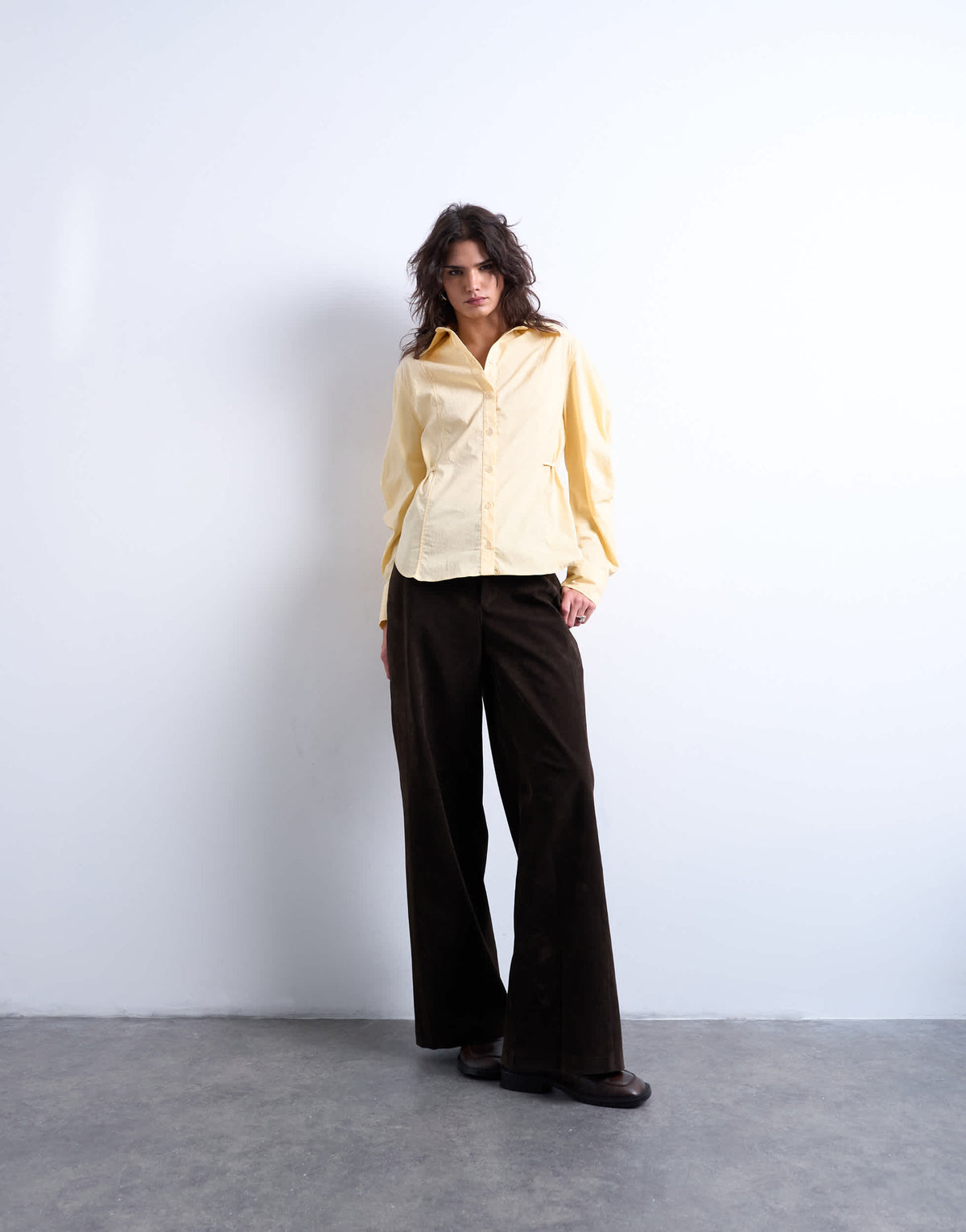 Topshop tie back waist long sleeve shirt in buttermilk