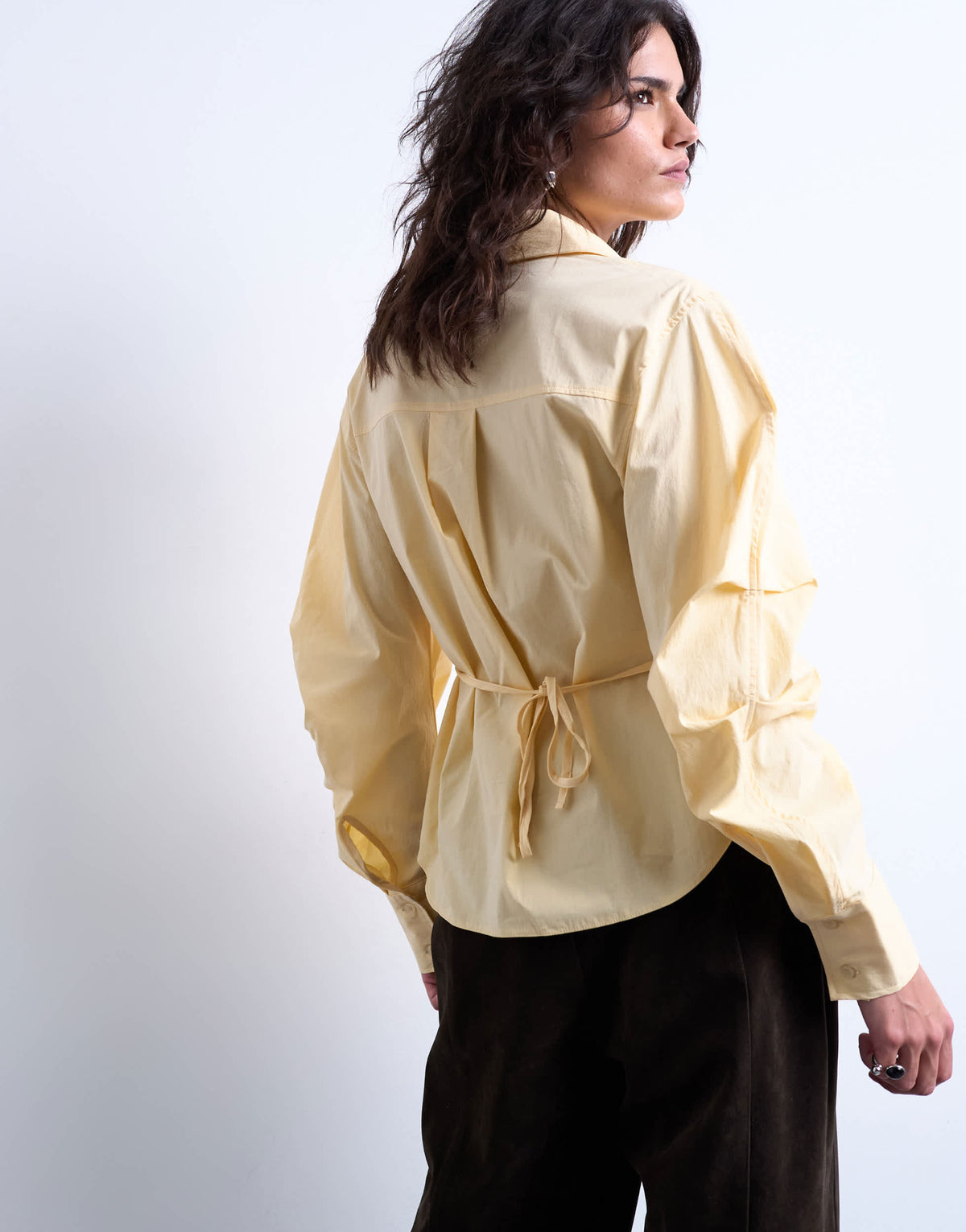 Topshop tie back waist long sleeve shirt in buttermilk