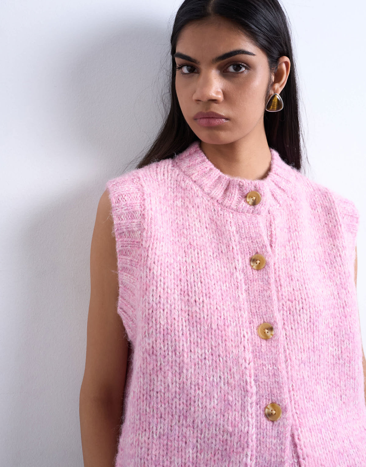 Topshop knitted fluffy twist yarn waistcoat in pink