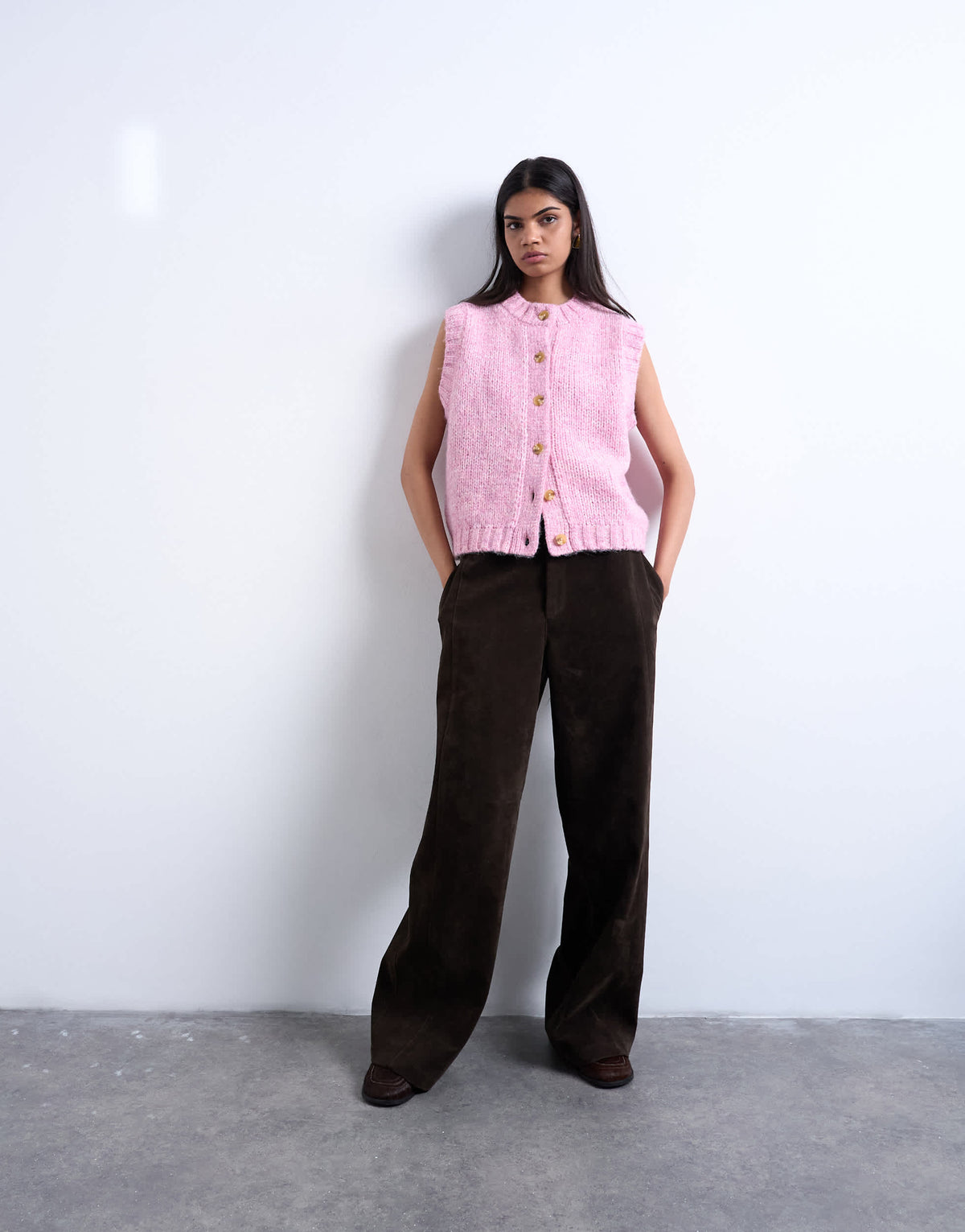 Topshop knitted fluffy twist yarn waistcoat in pink