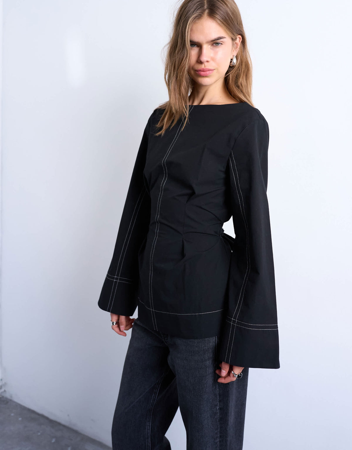 Topshop long sleeve tie waist top in black with contrast stitch