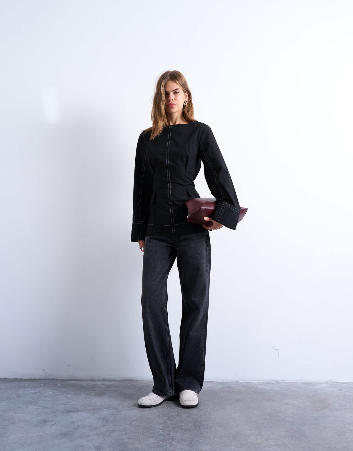 Topshop long sleeve tie waist top in black with contrast stitch
