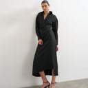 Topshop open collar ruched long sleeve midi shirt dress in black