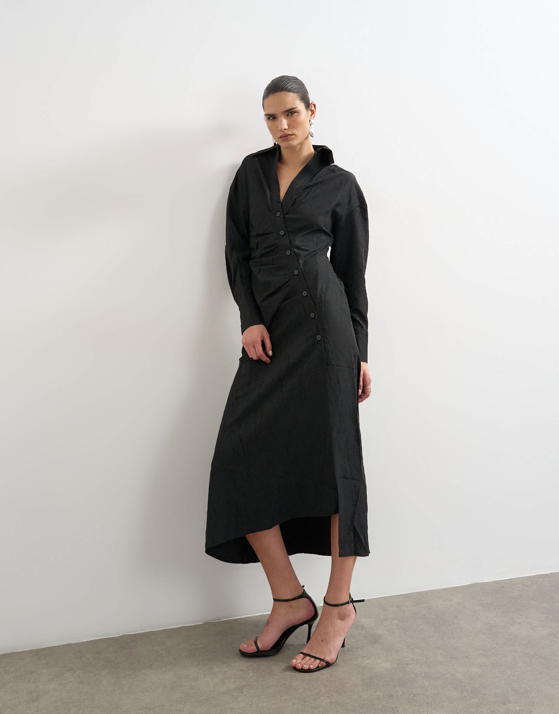 Topshop open collar ruched long sleeve midi shirt dress in black