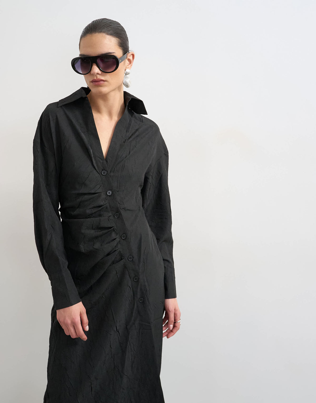 Topshop open collar ruched long sleeve midi shirt dress in black