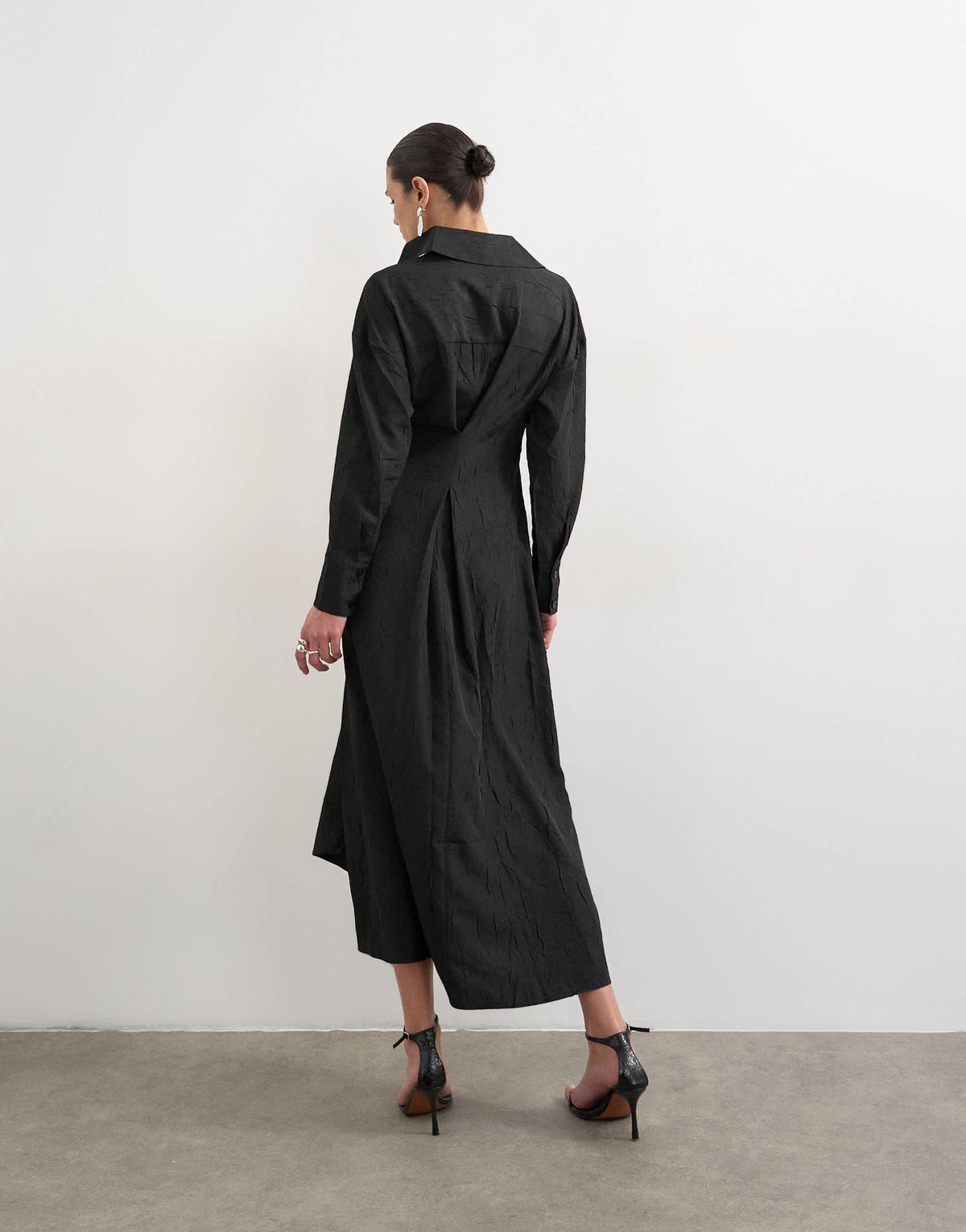Topshop open collar ruched long sleeve midi shirt dress in black