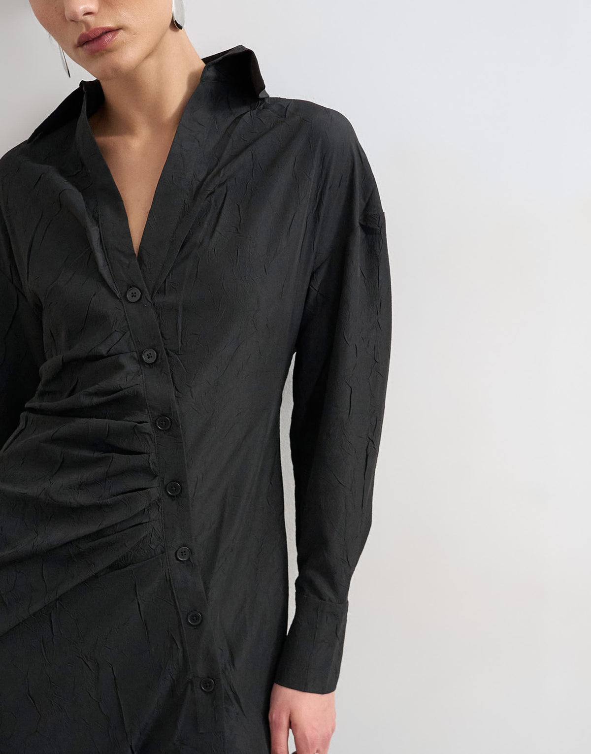 Topshop open collar ruched long sleeve midi shirt dress in black