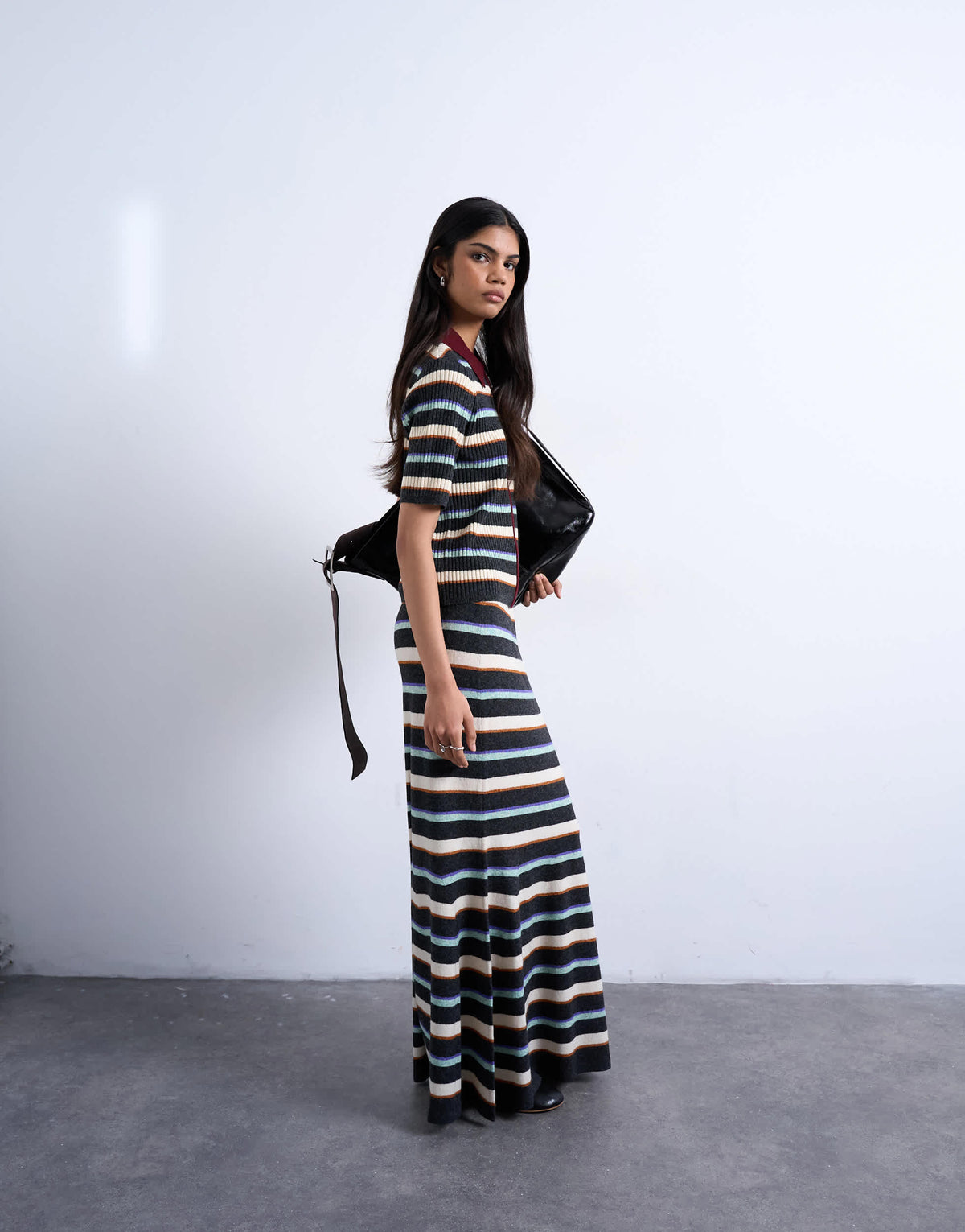 Topshop knitted ribbed multi stripe co-ord skirt in burgundy